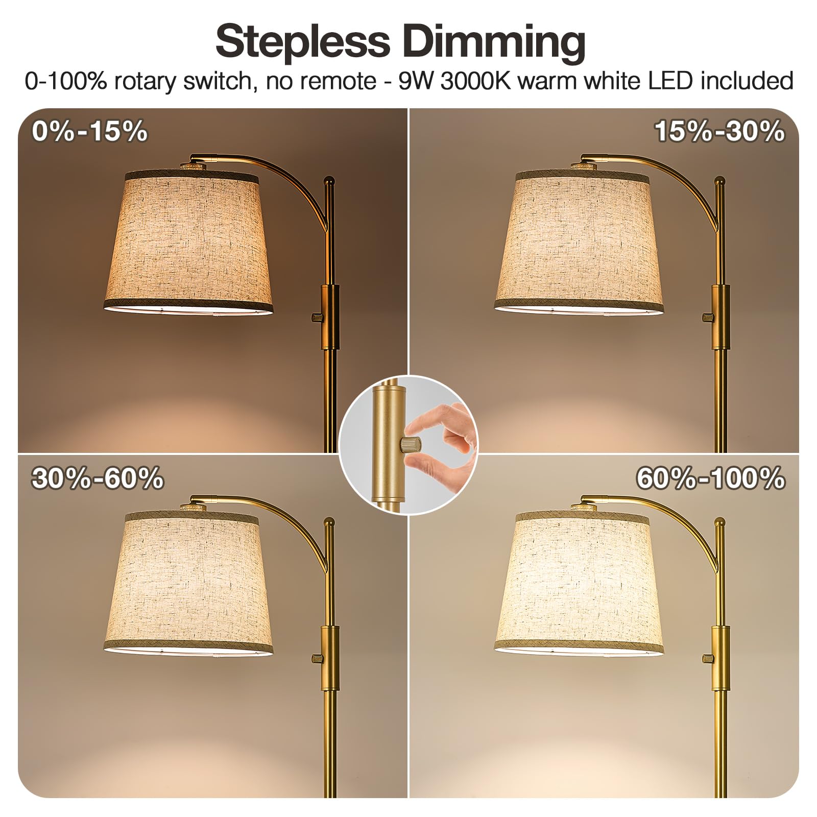 AIDENOEY Fully Dimmable Floor Lamp for Living Room，Standing Lamp Rotary Switch with Table&Linen Beige Shade，Golden Tall Lamps for Bedroom with Adjust Head，9W LED Bulb Included