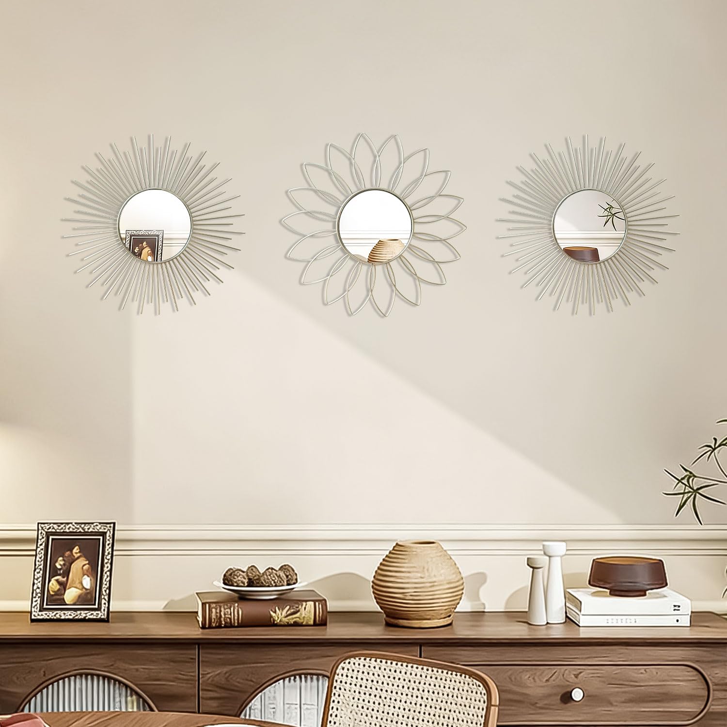 3 Pack Metal Mirrors for Wall Sunburst Wall Mirrors Home Décor Decorative Hanging Wall Art for Living Room Bedroom Entryway (Gold, Flower+Sunburst)