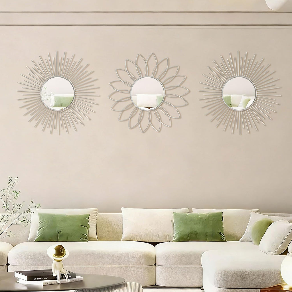 3 Pack Metal Mirrors for Wall Sunburst Wall Mirrors Home Décor Decorative Hanging Wall Art for Living Room Bedroom Entryway (Gold, Flower+Sunburst)