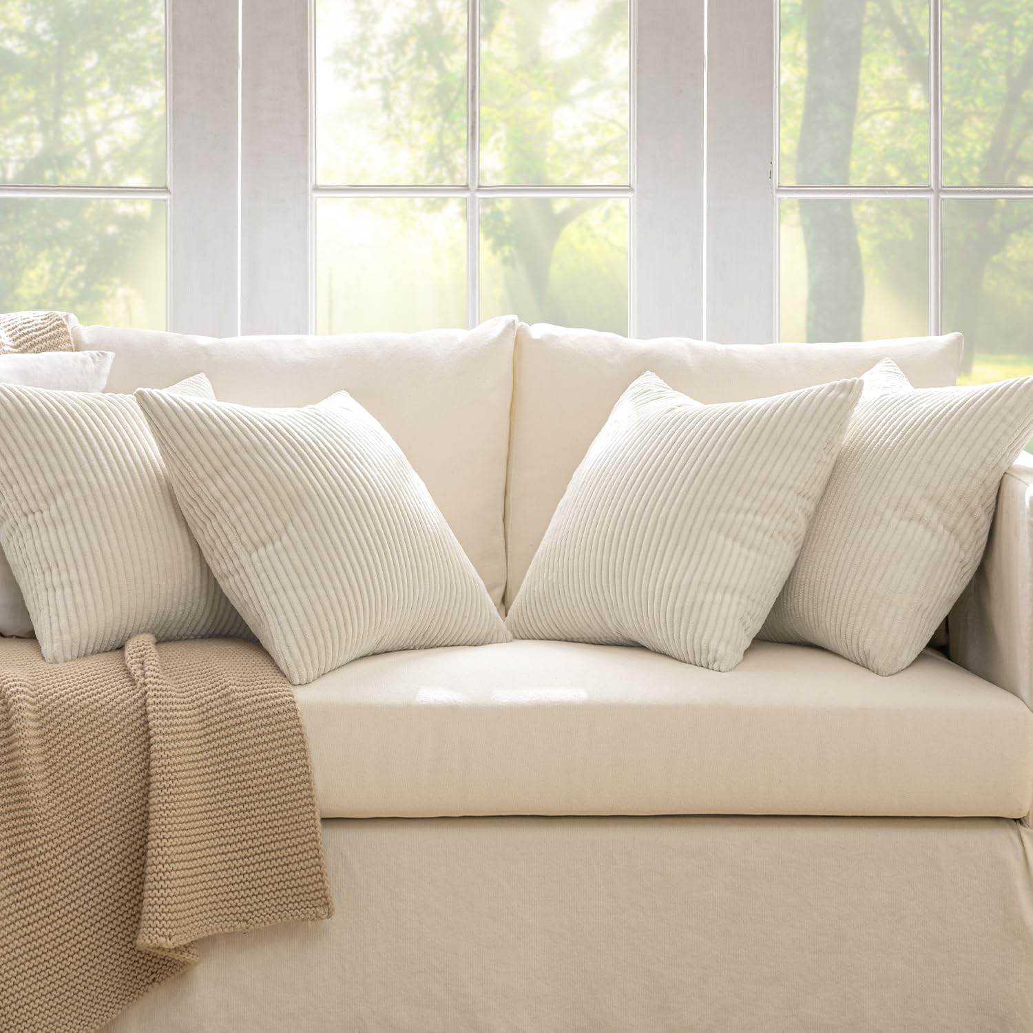 MIULEE Boho Farmhouse Sage Green Throw Pillow Covers 18x18 Inch Set of 4 Mordern Nordic Cushion Covers Soft Corduroy Spring Home Decor for Couch Bed Sofa Living Room Forest Green