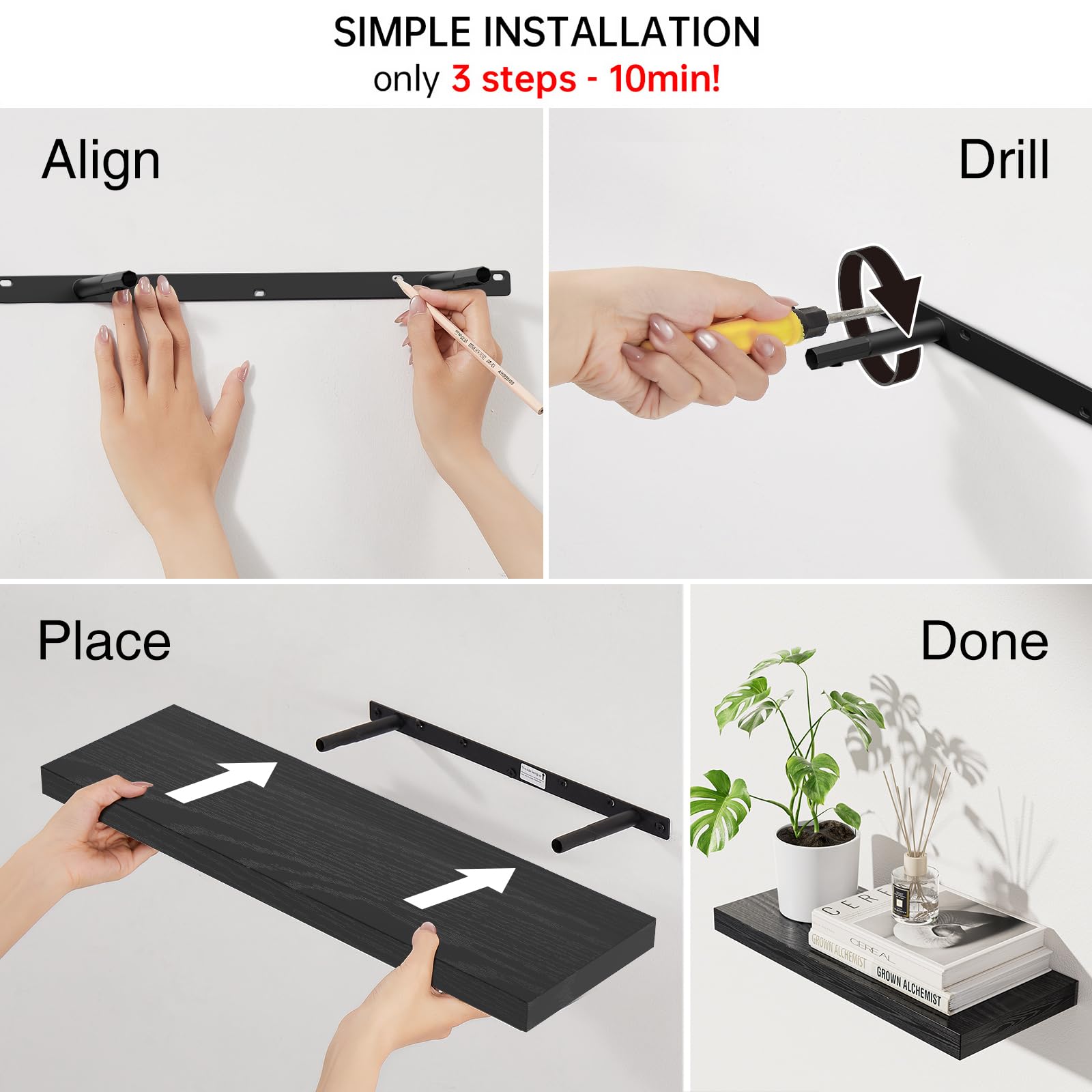 BAYKA Floating Shelves for Wall, Wall Mounted Rustic Wood Shelves for Bathroom, Bedroom, Living Room, Kitchen, Hanging Shelf for Books/Storage/Room Decor with 22lbs Capacity (Black, Set of 3, 15.7in)