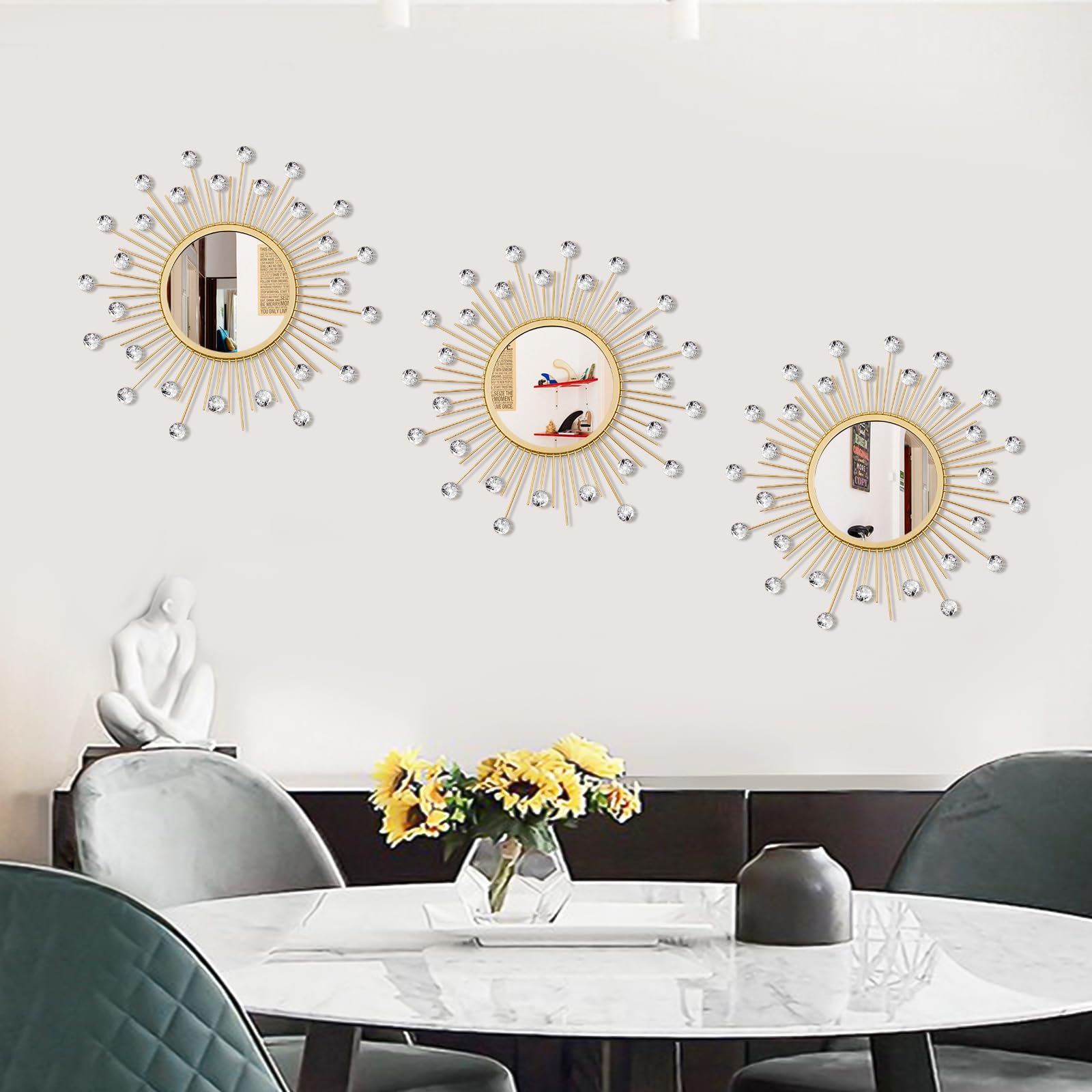 3 Pack Metal Mirrors for Wall Sunburst Wall Mirrors Home Décor Decorative Hanging Wall Art for Living Room Bedroom Entryway (Gold, Flower+Sunburst)