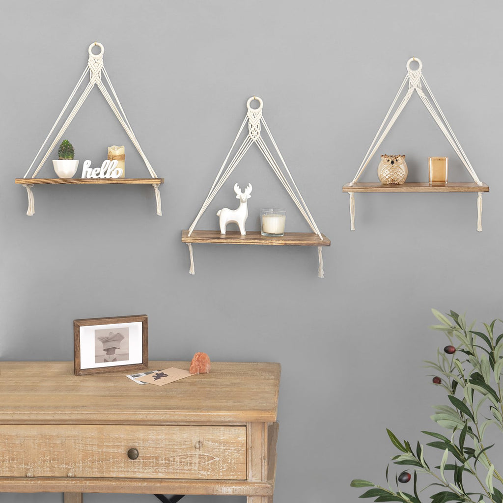 Mkono Macrame Hanging Shelves Boho Wall Decor Set of 2 Rustic Wood Floating Storage Shelf for Bedroom Bathroom Living Room Nursery Dorm Room, Display Shelving for Hanging Plants Photos