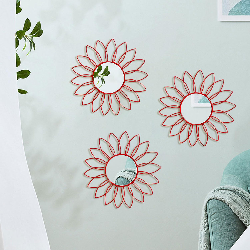 3 Pack Metal Mirrors for Wall Sunburst Wall Mirrors Home Décor Decorative Hanging Wall Art for Living Room Bedroom Entryway (Gold, Flower+Sunburst)