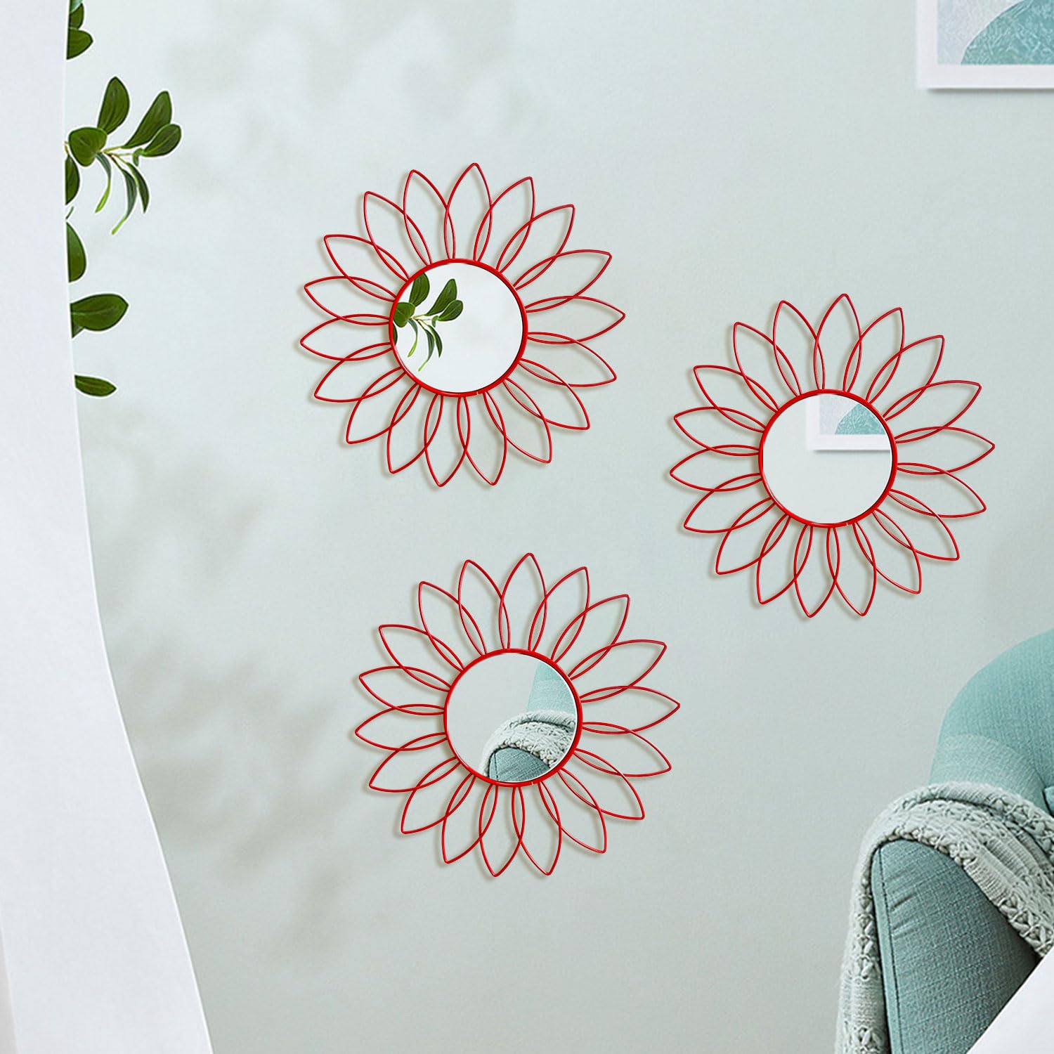 3 Pack Metal Mirrors for Wall Sunburst Wall Mirrors Home Décor Decorative Hanging Wall Art for Living Room Bedroom Entryway (Gold, Flower+Sunburst)