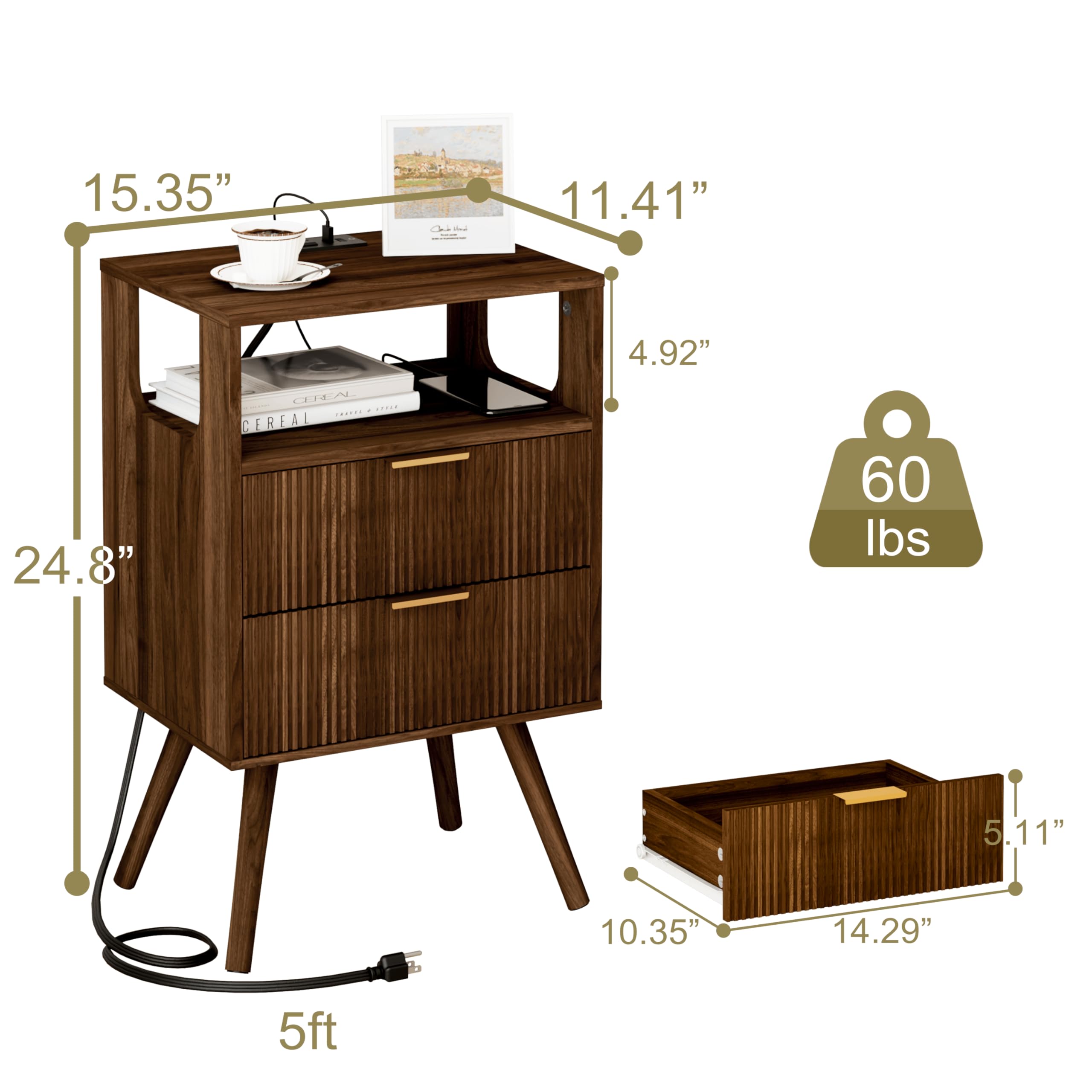 JOONEE Black Nightstand with Charging Station and LED Lights,Modern Bedside Table with 2 Storage Drawer and Open Wood Shelf, for Bedroom and Small Spaces,Night Stand with Solid Wood Legs,Black