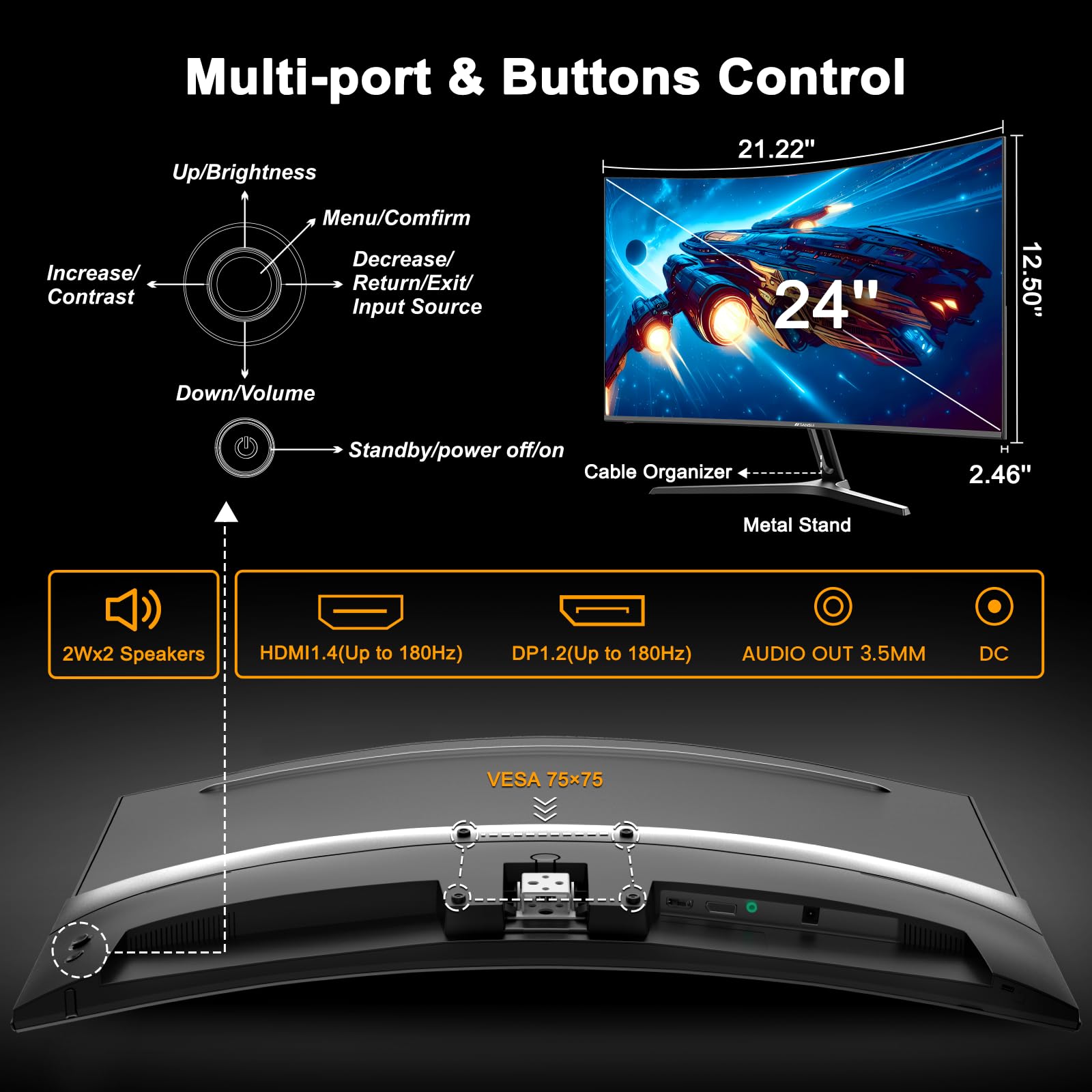 SANSUI 27 Inch Curved 240Hz Gaming Monitor FHD 1080P, 1500R Curve Computer Monitor, 130% sRGB, 4000:1 Contrast, HDR, FreeSync, MPRT 1Ms, Low Blue Light, HDMI DP Ports, Metal Stand, DP Cable Incl.