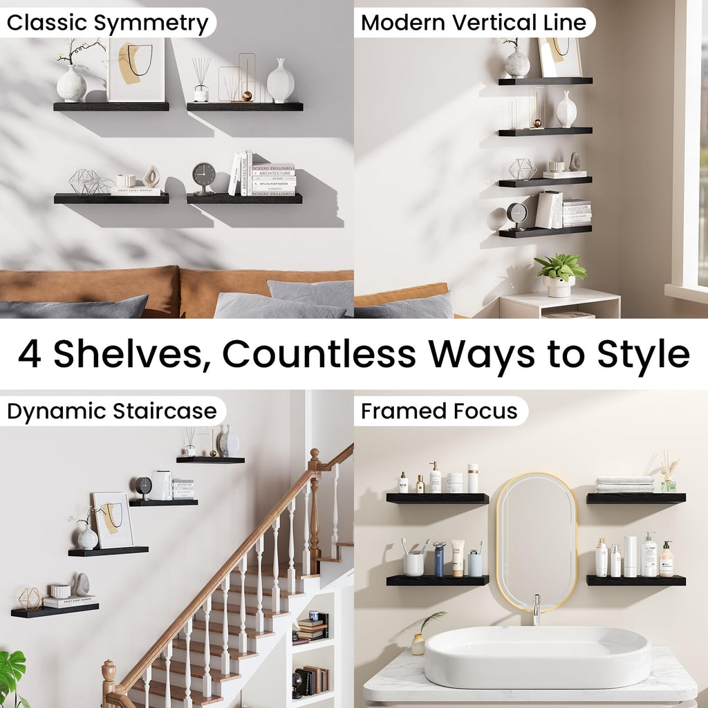 BAYKA Floating Shelves for Wall, Wall Mounted Rustic Wood Shelves for Bathroom, Bedroom, Living Room, Kitchen, Hanging Shelf for Books/Storage/Room Decor with 22lbs Capacity (Black, Set of 3, 15.7in)