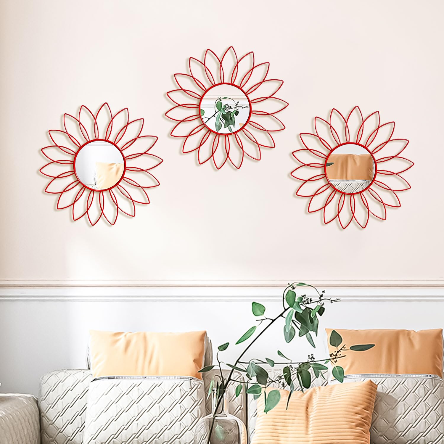 3 Pack Metal Mirrors for Wall Sunburst Wall Mirrors Home Décor Decorative Hanging Wall Art for Living Room Bedroom Entryway (Gold, Flower+Sunburst)