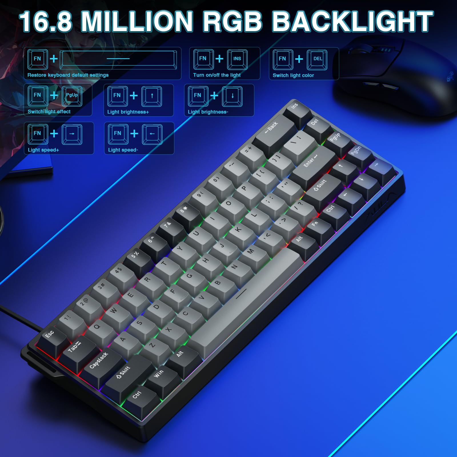AULA WIN68 HE Mechanical Gaming Keyboard 60%, Hall Effect Magnetic Switch, Fast Trigger Mode Adjustable Actuation, 8000Hz Polling Rate, RGB Backlit, Wired Black Keyboard for Laptop/PC Gamer