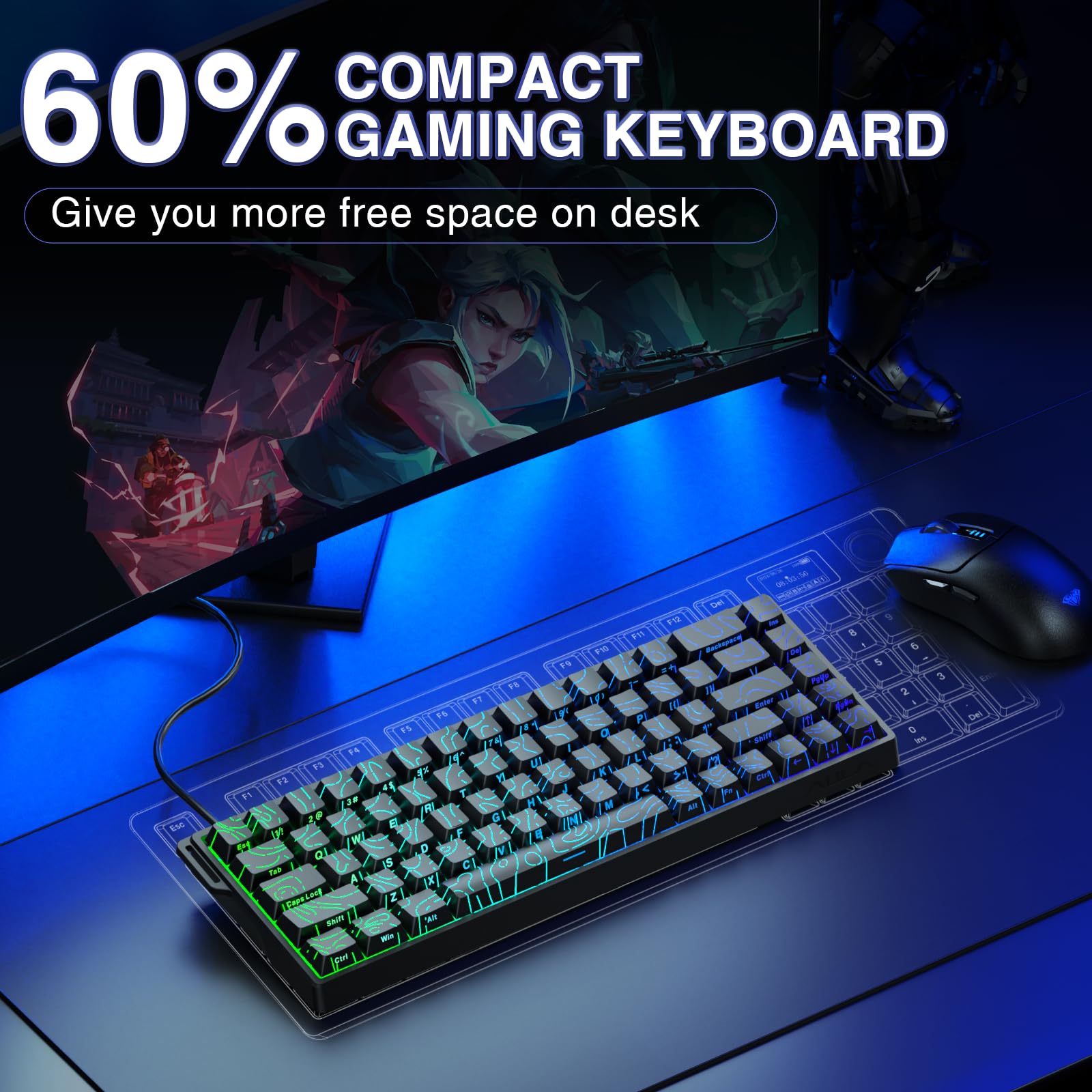 AULA WIN68 HE Mechanical Gaming Keyboard 60%, Hall Effect Magnetic Switch, Fast Trigger Mode Adjustable Actuation, 8000Hz Polling Rate, RGB Backlit, Wired Black Keyboard for Laptop/PC Gamer