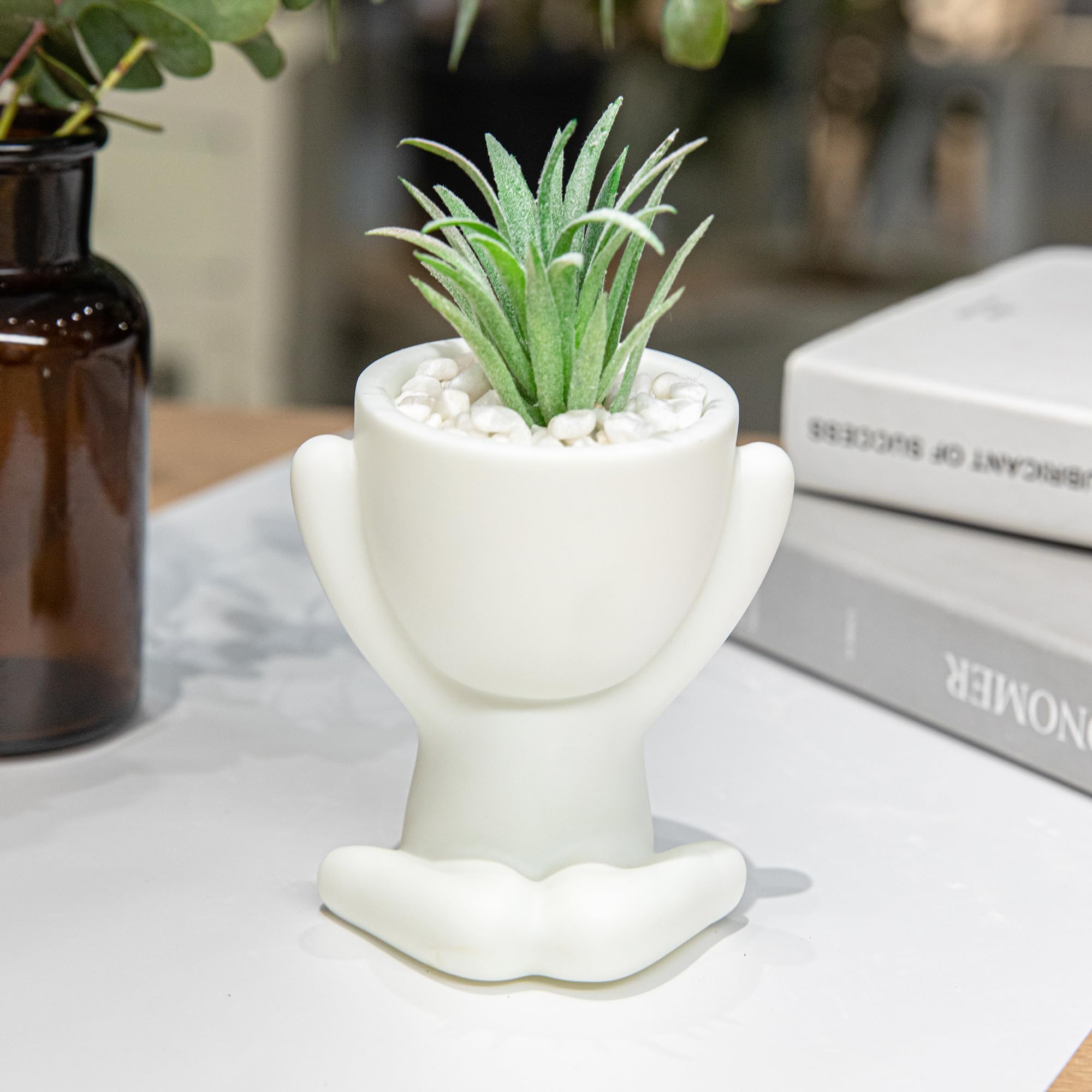 HEYO-YEPY 3PCS Cute Artificial Plant Office Decor for Women and Men, Aesthetic Desk Plant Decor for Office and Home, Potted Small Fake Plants for Indoor Decoration, White Pots Pink Plants