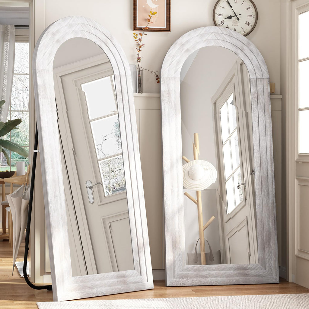 ZHUNFA Arched Full Length Mirror with Solid Wood Frame, 71x32 Farmhouse Wall Mounted Floor Mirror with Stand, Vertical Hanging, Leaning Standing for Bedroom, Living Room, Brown
