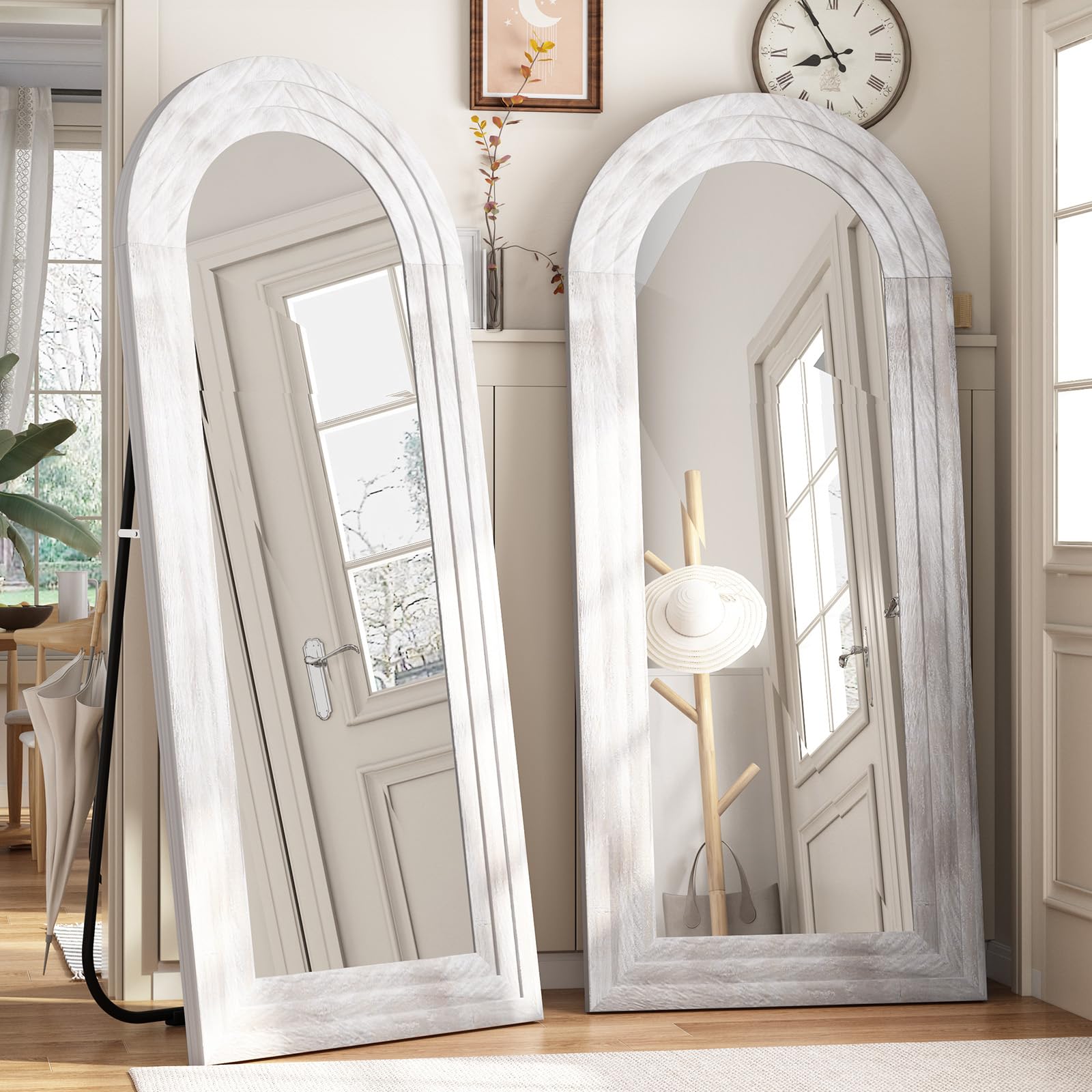 ZHUNFA Arched Full Length Mirror with Solid Wood Frame, 71x32 Farmhouse Wall Mounted Floor Mirror with Stand, Vertical Hanging, Leaning Standing for Bedroom, Living Room, Brown