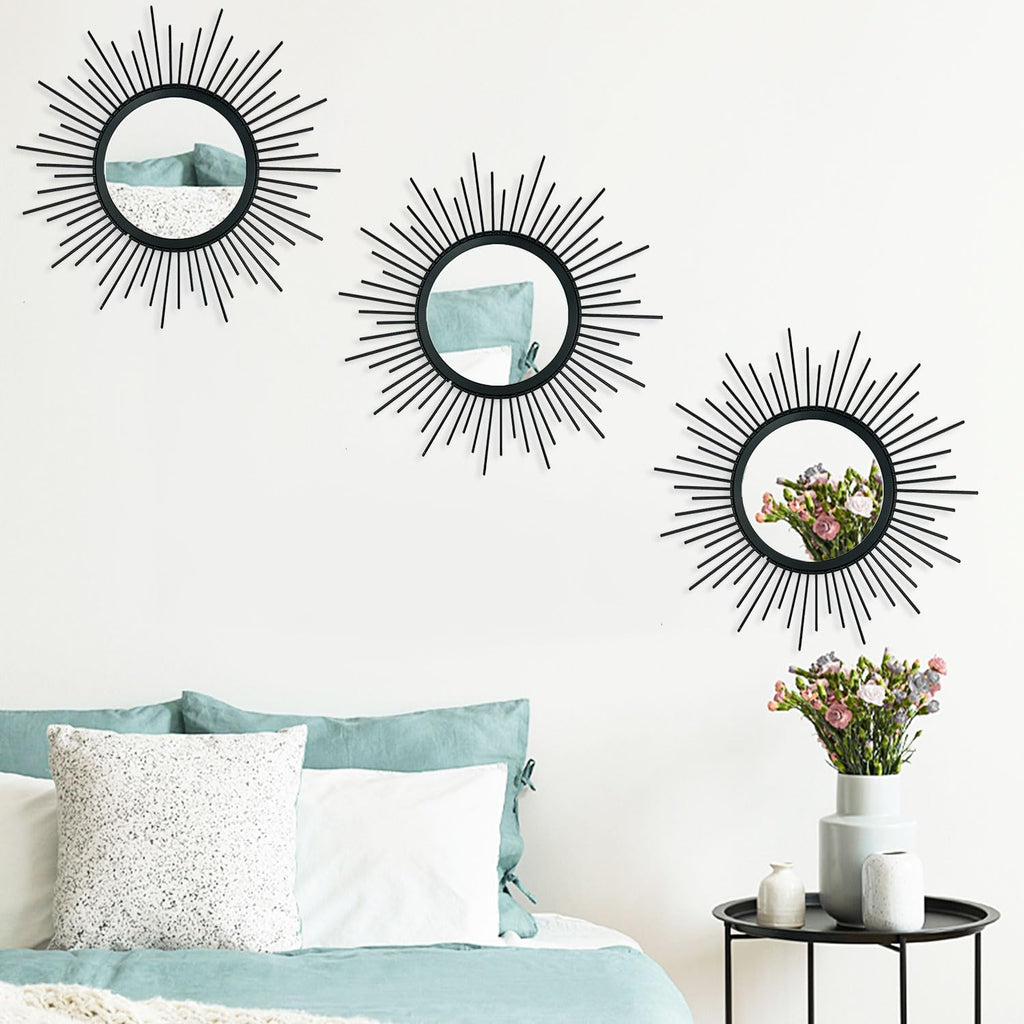 3 Pack Metal Mirrors for Wall Sunburst Wall Mirrors Home Décor Decorative Hanging Wall Art for Living Room Bedroom Entryway (Gold, Flower+Sunburst)