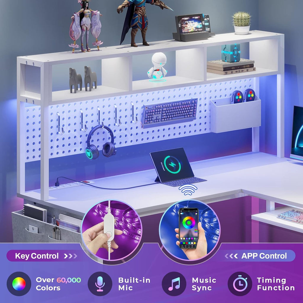 SEDETA L Shaped Gaming Desk, Reversible Computer Desk with Power Outlet and Pegboard, Gaming Desk with Led Lights, Keyboard Tray and Storage Bag for Home Office, Black