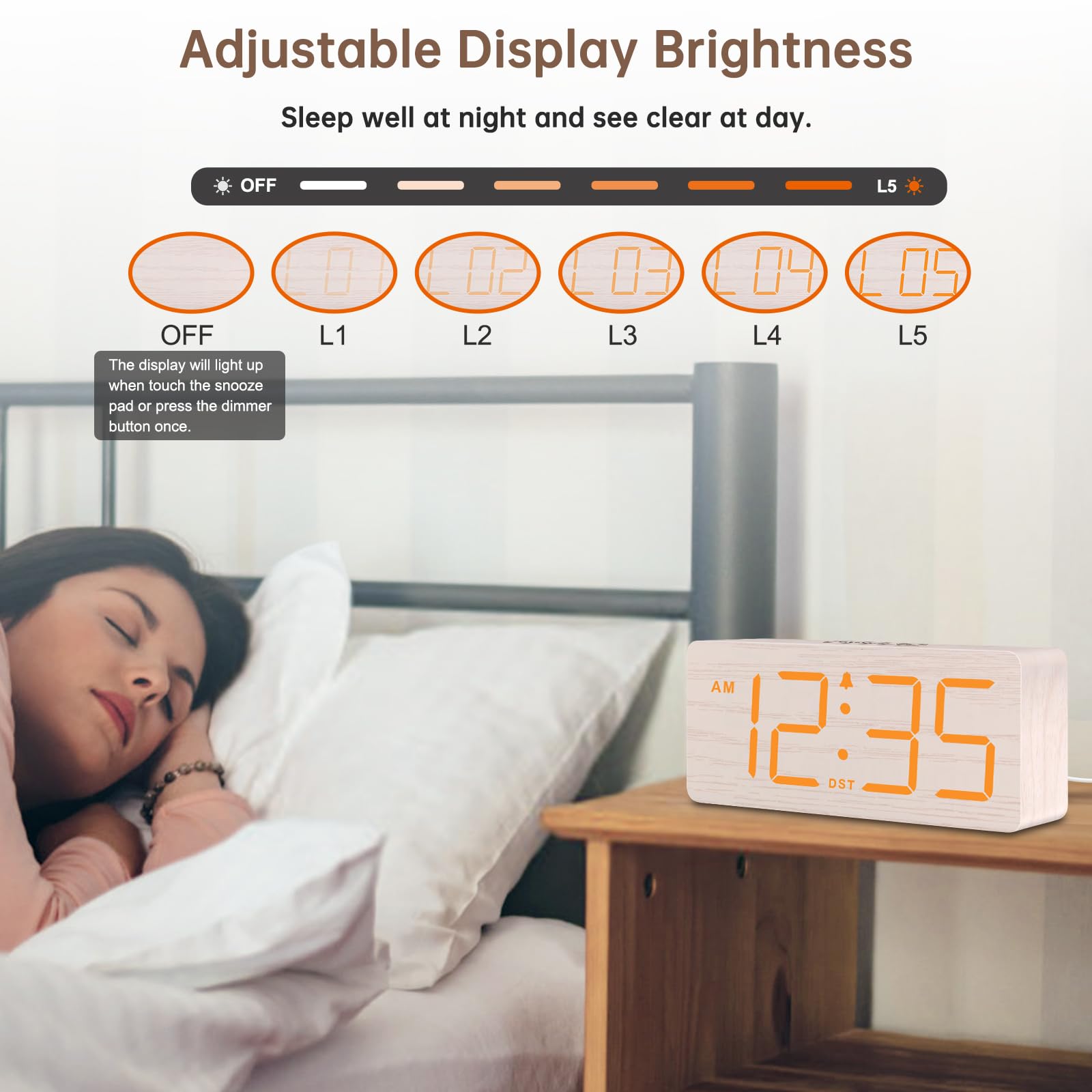 DreamSky Wooden Digital Alarm Clock for Bedroom - Desk Clock for Living Room with Large Numbers, Dimmer, Loud Alarm for Heavy Sleepers with Volume Control, DST, Office Wood Decor (Plug in Clock)