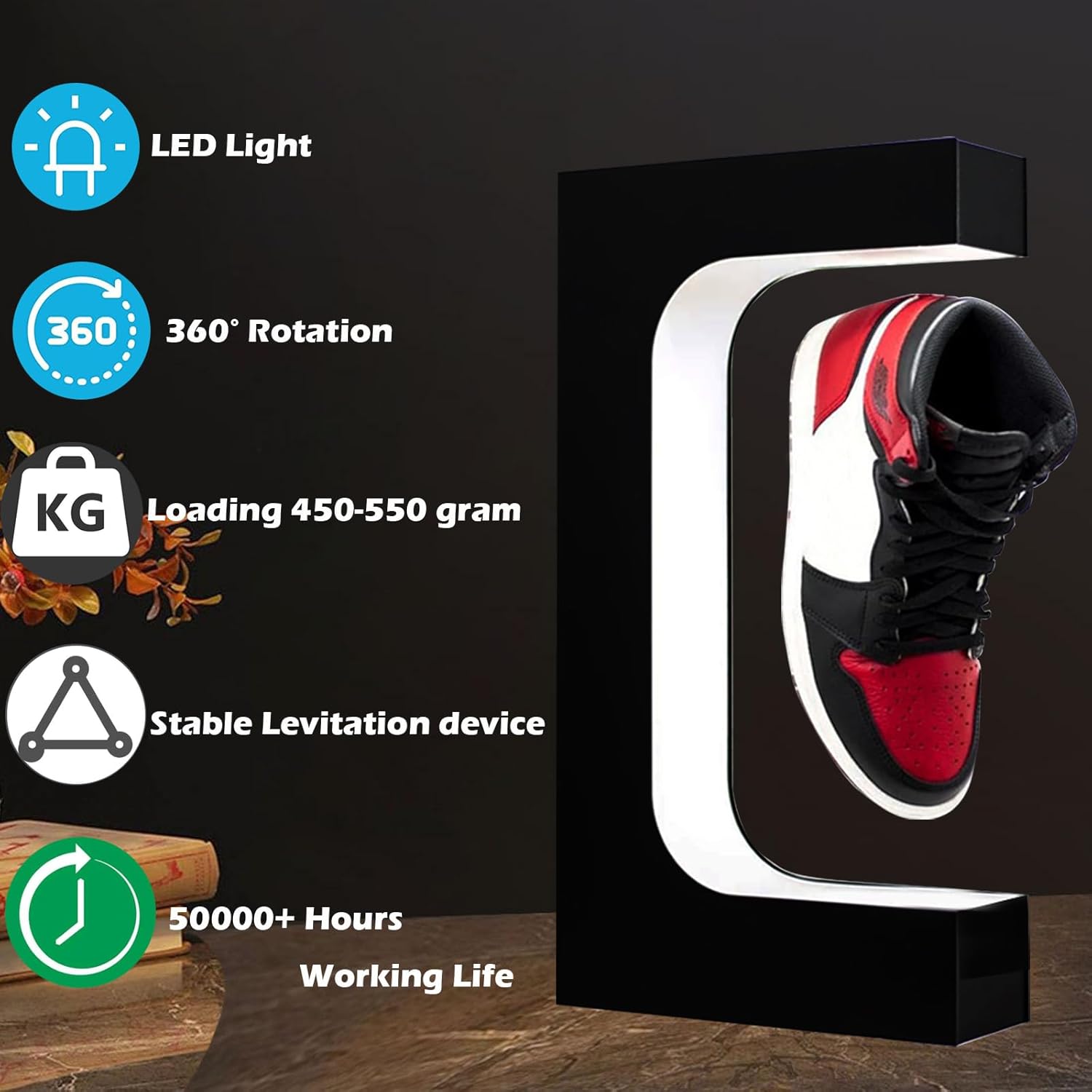 Floating Shoe Display Magnetic Levitating Sneaker Stand Holder Rotation Acrylic Rack with LED Light for Gift Advertising Exhibition Storefront shop up to Size 13 Big Shoes (Black Without Shoe)
