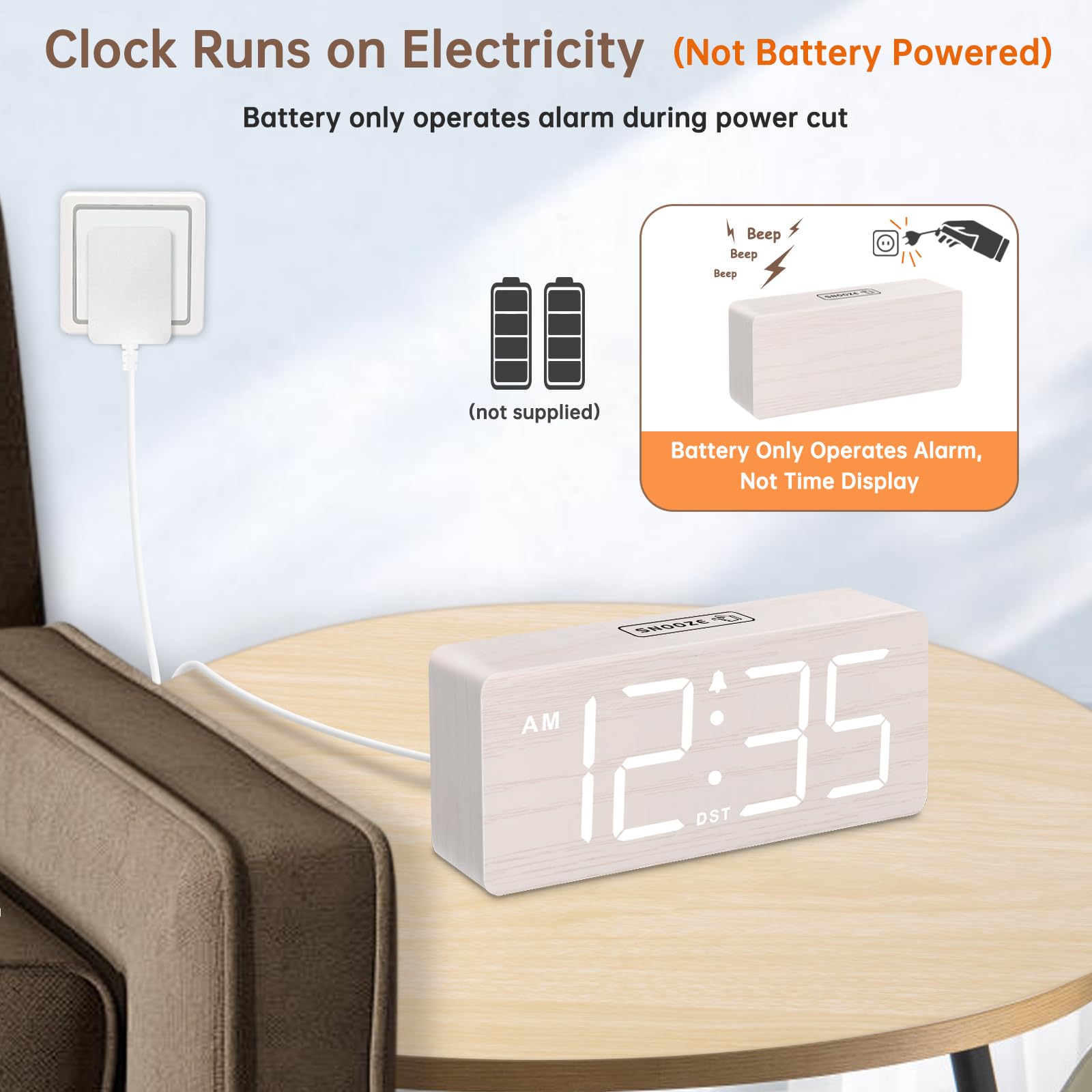 DreamSky Wooden Digital Alarm Clock for Bedroom - Desk Clock for Living Room with Large Numbers, Dimmer, Loud Alarm for Heavy Sleepers with Volume Control, DST, Office Wood Decor (Plug in Clock)