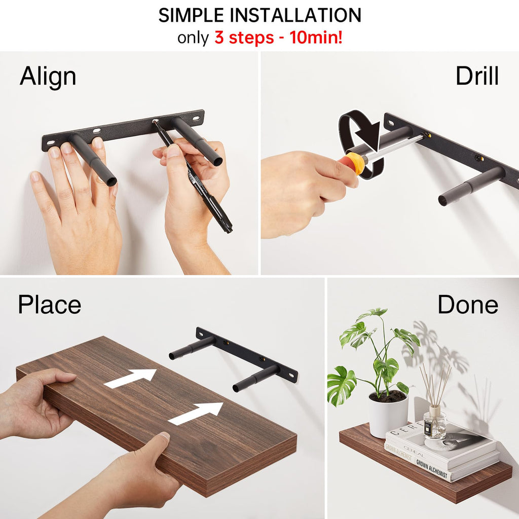 BAYKA Floating Shelves for Wall, Wall Mounted Rustic Wood Shelves for Bathroom, Bedroom, Living Room, Kitchen, Hanging Shelf for Books/Storage/Room Decor with 22lbs Capacity (Black, Set of 3, 15.7in)