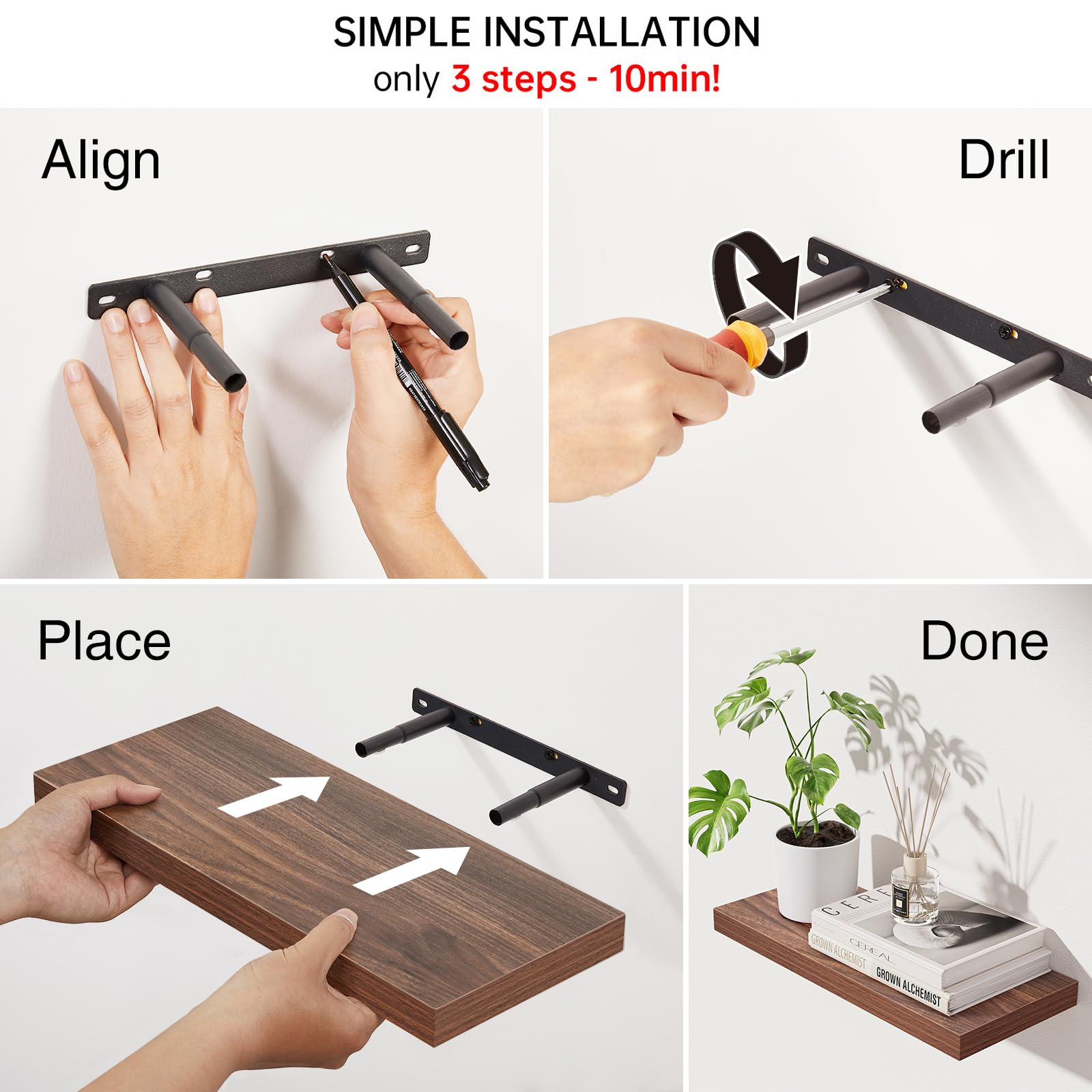 BAYKA Floating Shelves for Wall, Wall Mounted Rustic Wood Shelves for Bathroom, Bedroom, Living Room, Kitchen, Hanging Shelf for Books/Storage/Room Decor with 22lbs Capacity (Black, Set of 3, 15.7in)