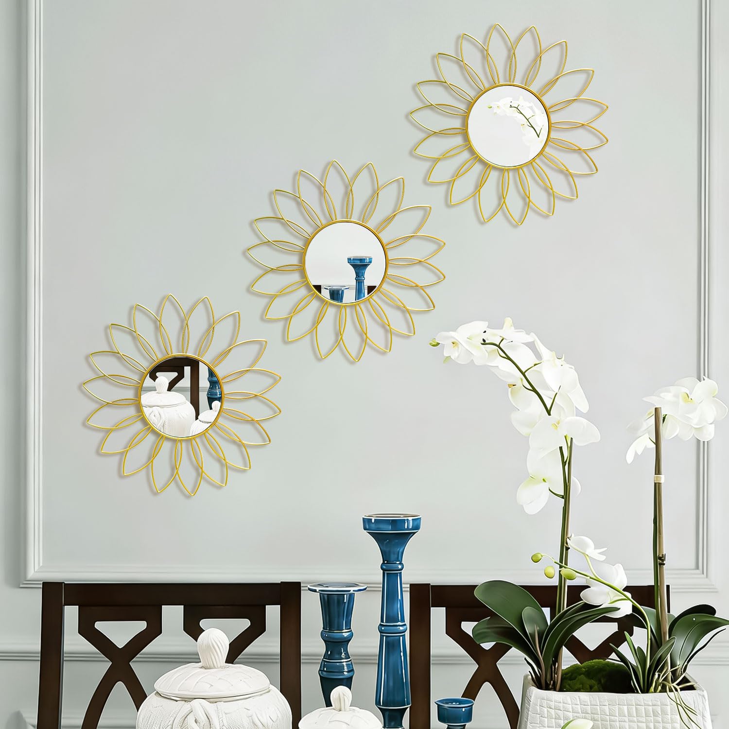 3 Pack Metal Mirrors for Wall Sunburst Wall Mirrors Home Décor Decorative Hanging Wall Art for Living Room Bedroom Entryway (Gold, Flower+Sunburst)