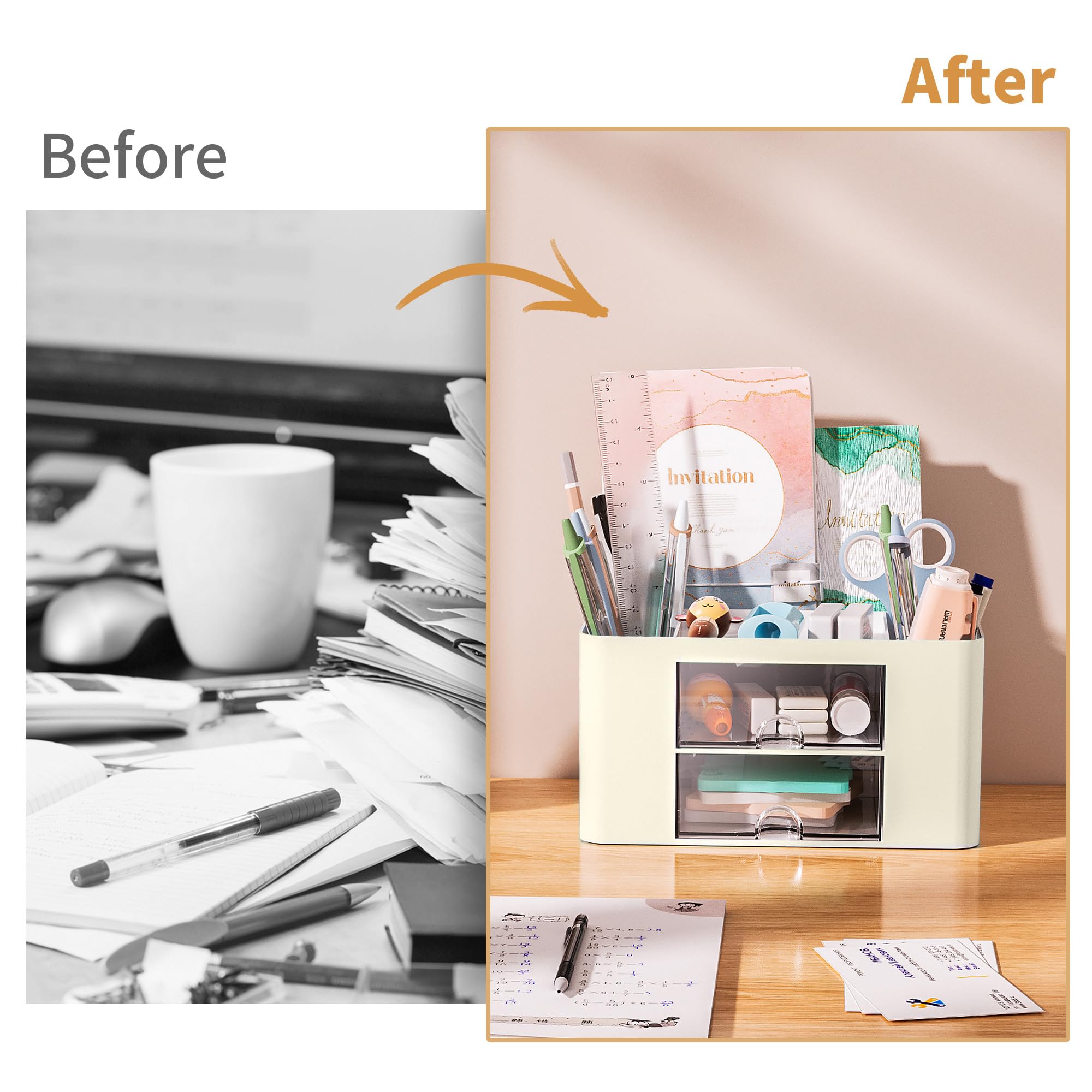 Marbrasse Pen Organizer with 2 Drawer, Multi-Functional Pencil Holder for Desk, Desk Organizers and Accessories with 5 Compartments + Drawer for Office Art Supplies (White)