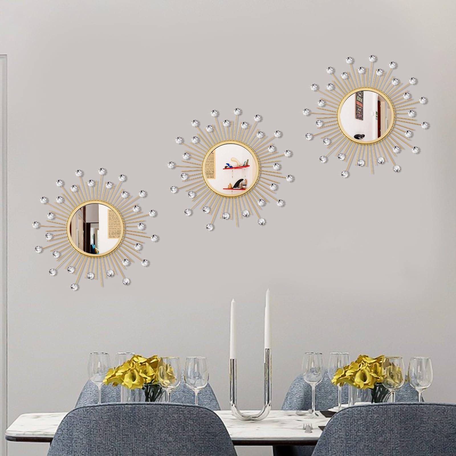 3 Pack Metal Mirrors for Wall Sunburst Wall Mirrors Home Décor Decorative Hanging Wall Art for Living Room Bedroom Entryway (Gold, Flower+Sunburst)