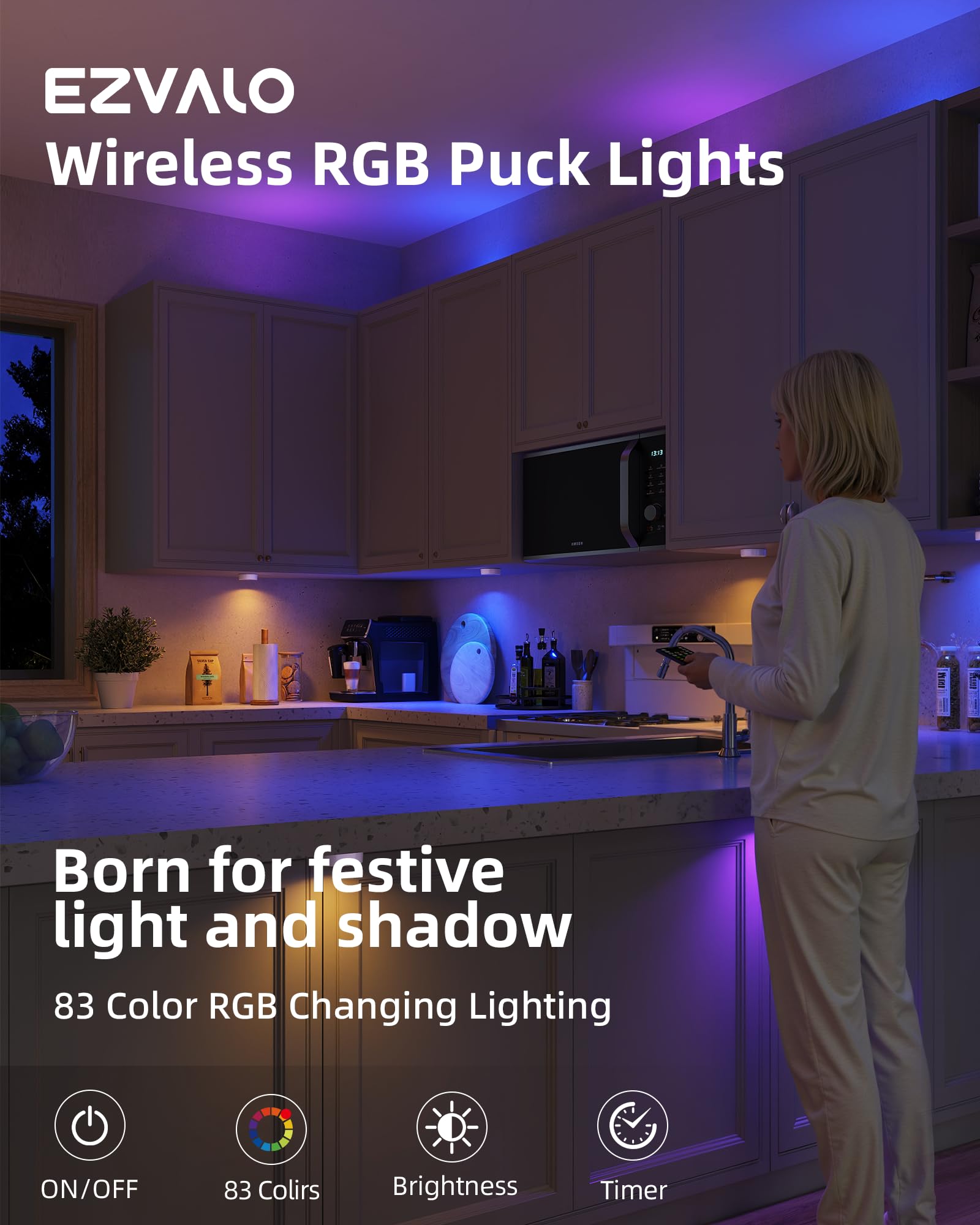 EZVALO LED Puck Lights, Rechargeable Battery Touch Light, 2.5'' Mini Tap Lights, Wireless Closet Light, Under Cabinet Lighting, 3 Color Temps, Stick On Lights Kitchen,Closet,Pantry(2 Pack)