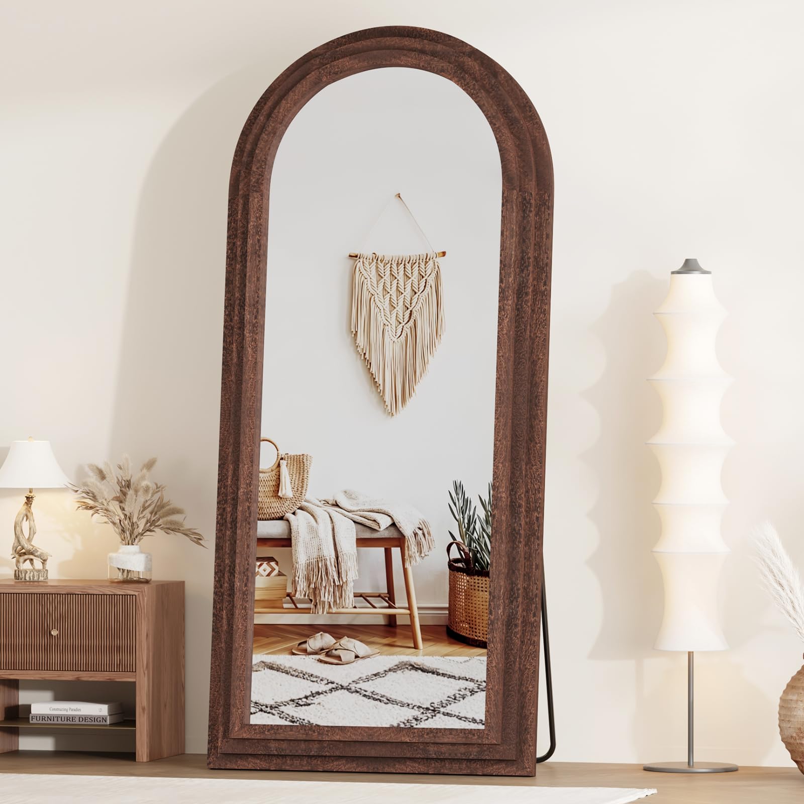 ZHUNFA Arched Full Length Mirror with Solid Wood Frame, 71x32 Farmhouse Wall Mounted Floor Mirror with Stand, Vertical Hanging, Leaning Standing for Bedroom, Living Room, Brown