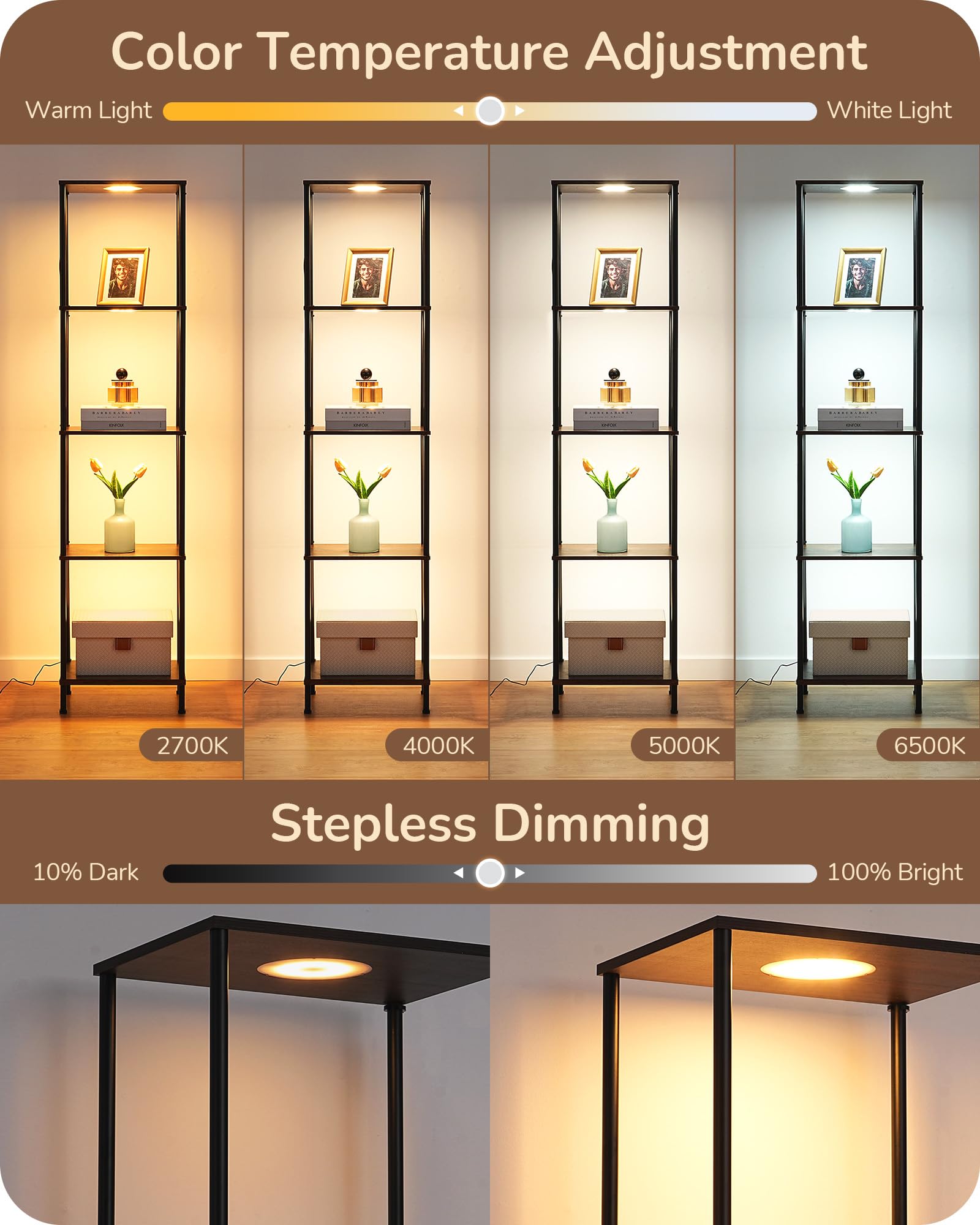 EDISHINE RGBW Modern Floor Lamp, 5-Tier Display Shelf with Light, Adjustable Brightness & Color Temperature, 3 Lighting Modes, Remote Control, Stable Floor Lamps for Living Room, Bedroom, Study, Black