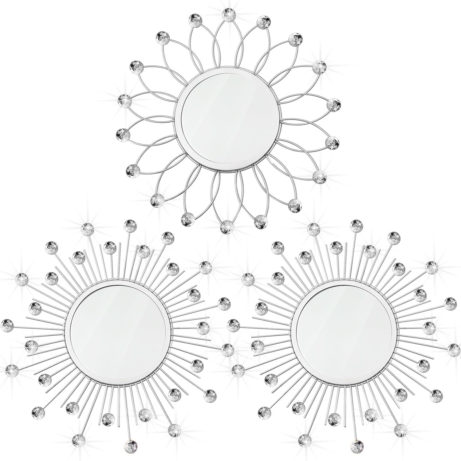 3 Pack Metal Mirrors for Wall Sunburst Wall Mirrors Home Décor Decorative Hanging Wall Art for Living Room Bedroom Entryway (Gold, Flower+Sunburst)