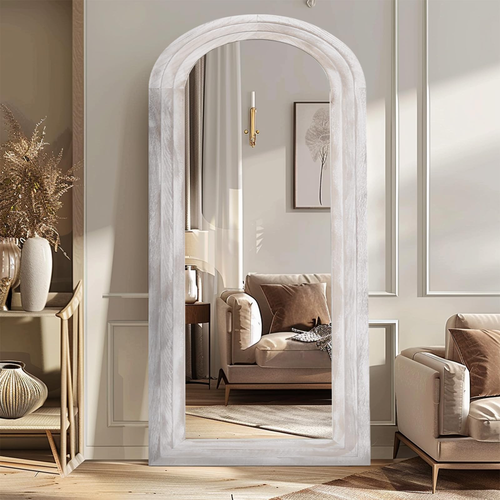 ZHUNFA Arched Full Length Mirror with Solid Wood Frame, 71x32 Farmhouse Wall Mounted Floor Mirror with Stand, Vertical Hanging, Leaning Standing for Bedroom, Living Room, Brown
