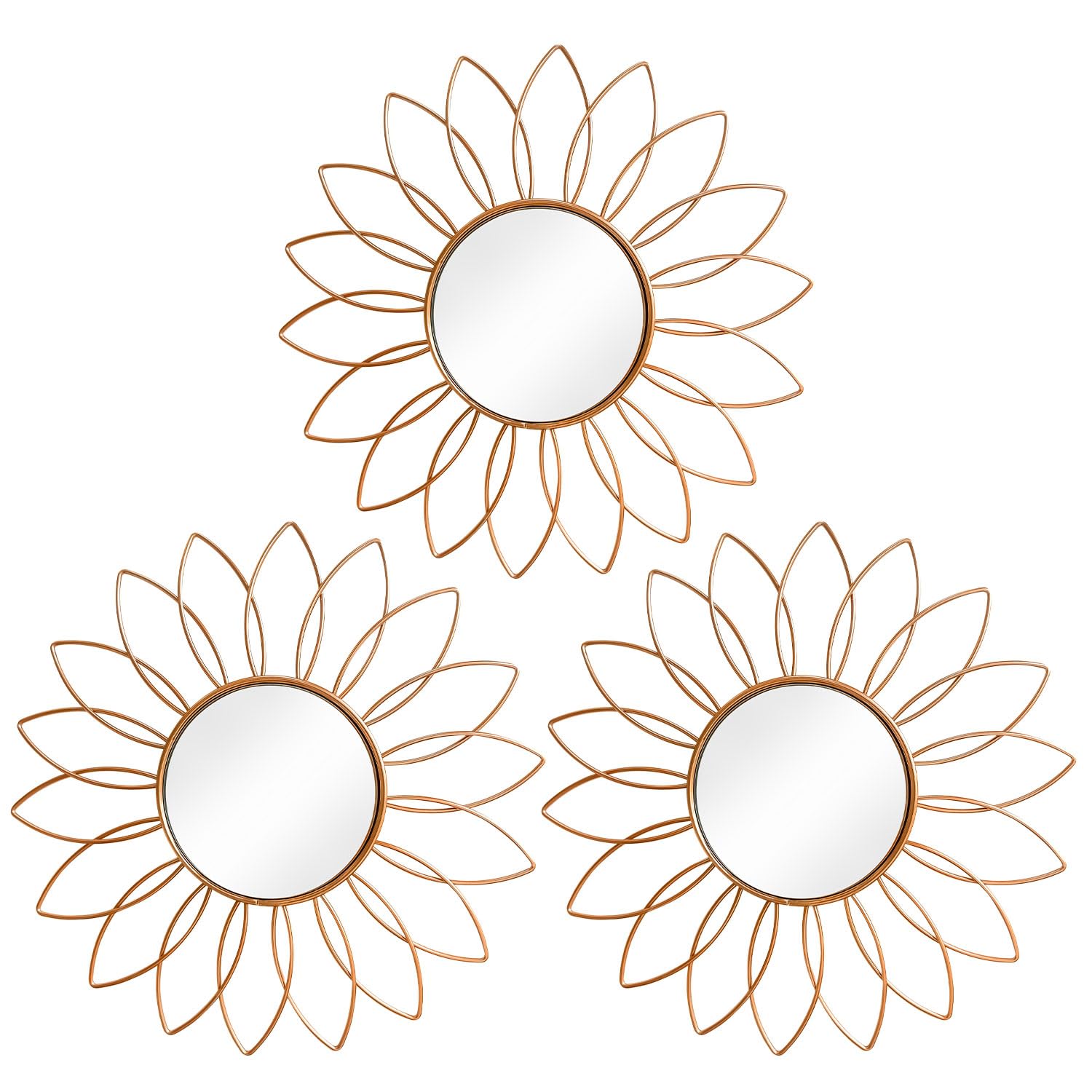 3 Pack Metal Mirrors for Wall Sunburst Wall Mirrors Home Décor Decorative Hanging Wall Art for Living Room Bedroom Entryway (Gold, Flower+Sunburst)
