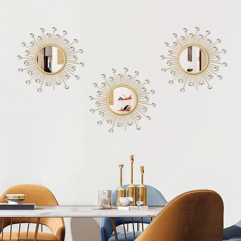 3 Pack Metal Mirrors for Wall Sunburst Wall Mirrors Home Décor Decorative Hanging Wall Art for Living Room Bedroom Entryway (Gold, Flower+Sunburst)