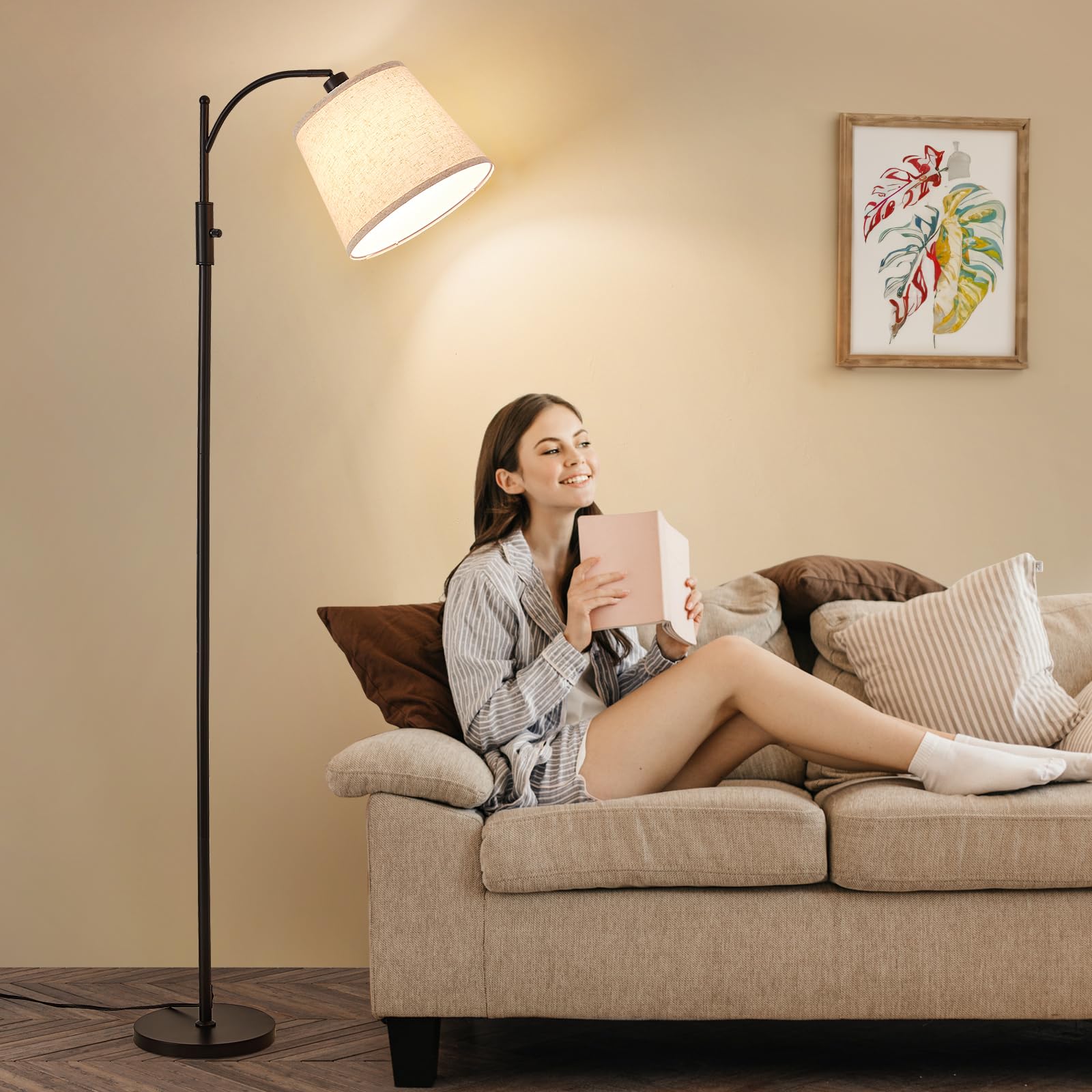 AIDENOEY Fully Dimmable Floor Lamp for Living Room，Standing Lamp Rotary Switch with Table&Linen Beige Shade，Golden Tall Lamps for Bedroom with Adjust Head，9W LED Bulb Included