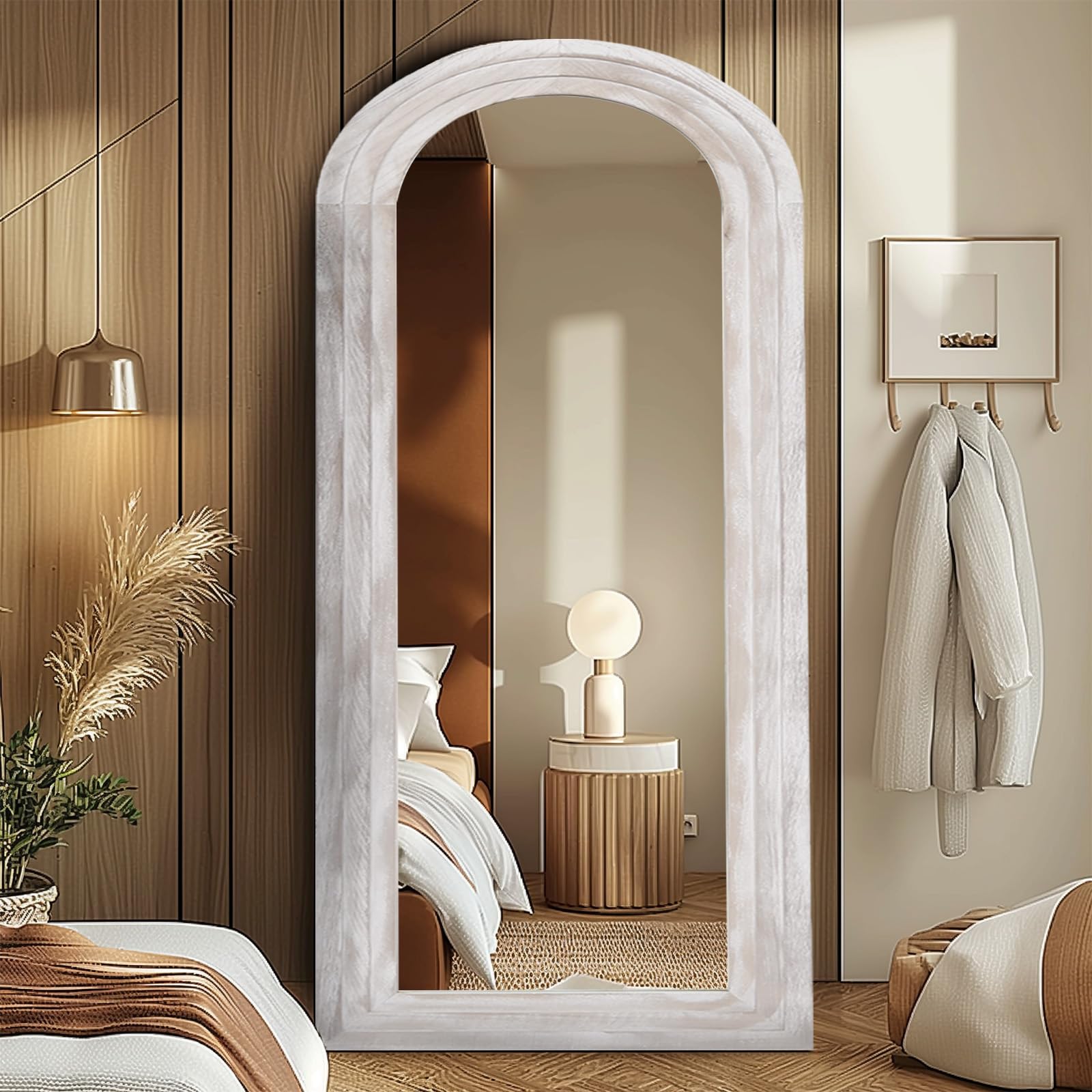 ZHUNFA Arched Full Length Mirror with Solid Wood Frame, 71x32 Farmhouse Wall Mounted Floor Mirror with Stand, Vertical Hanging, Leaning Standing for Bedroom, Living Room, Brown