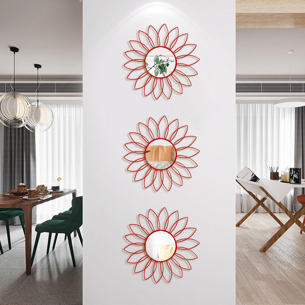 3 Pack Metal Mirrors for Wall Sunburst Wall Mirrors Home Décor Decorative Hanging Wall Art for Living Room Bedroom Entryway (Gold, Flower+Sunburst)