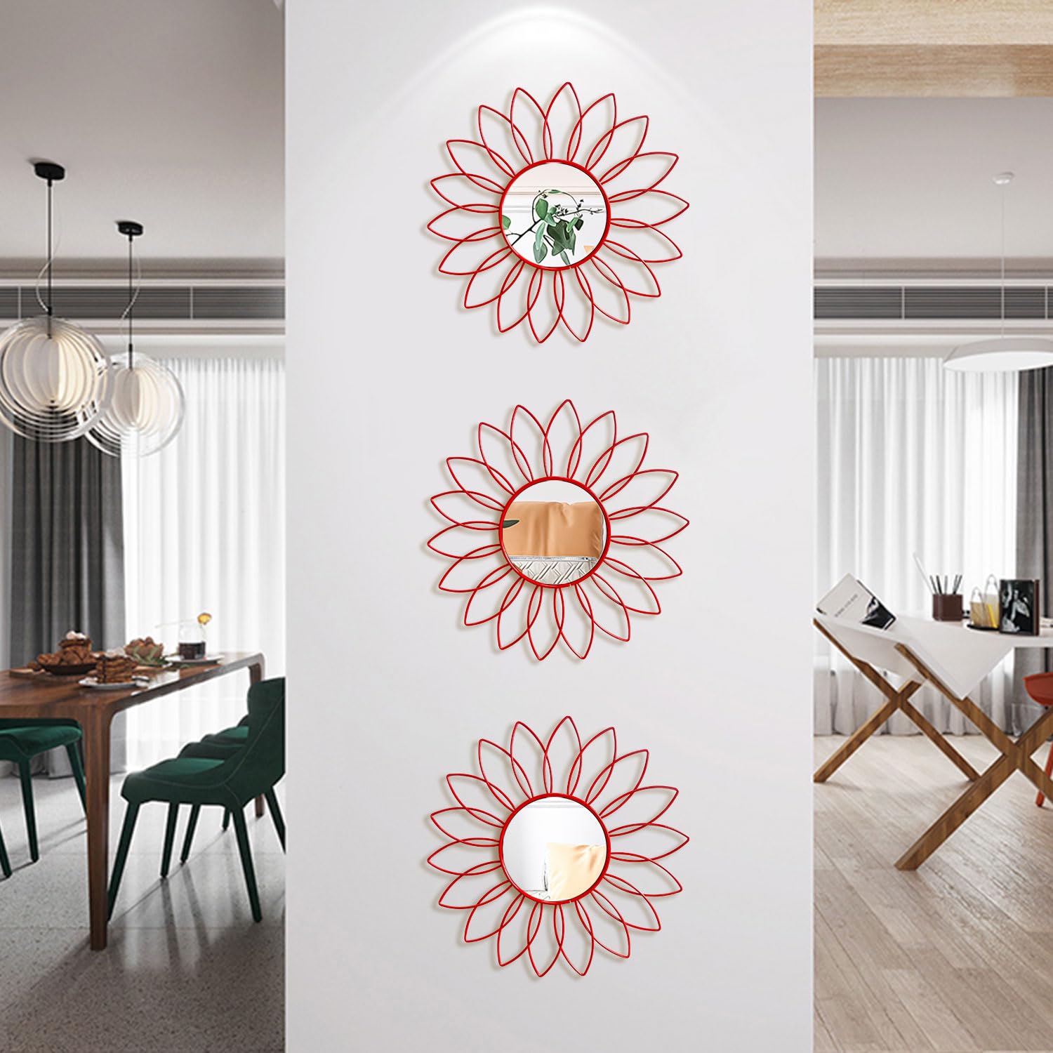 3 Pack Metal Mirrors for Wall Sunburst Wall Mirrors Home Décor Decorative Hanging Wall Art for Living Room Bedroom Entryway (Gold, Flower+Sunburst)