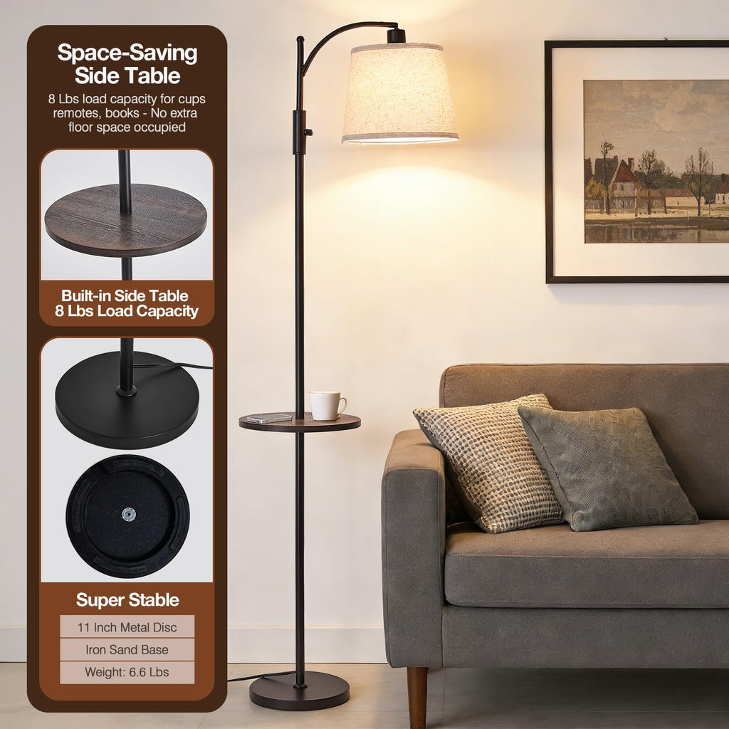AIDENOEY Fully Dimmable Floor Lamp for Living Room，Standing Lamp Rotary Switch with Table&Linen Beige Shade，Golden Tall Lamps for Bedroom with Adjust Head，9W LED Bulb Included