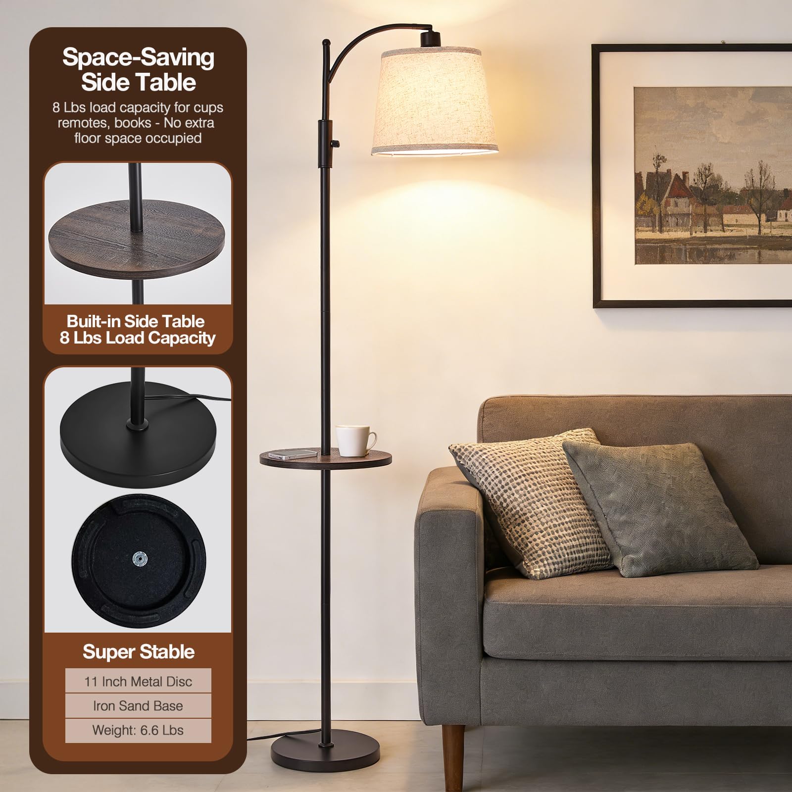 AIDENOEY Fully Dimmable Floor Lamp for Living Room，Standing Lamp Rotary Switch with Table&Linen Beige Shade，Golden Tall Lamps for Bedroom with Adjust Head，9W LED Bulb Included