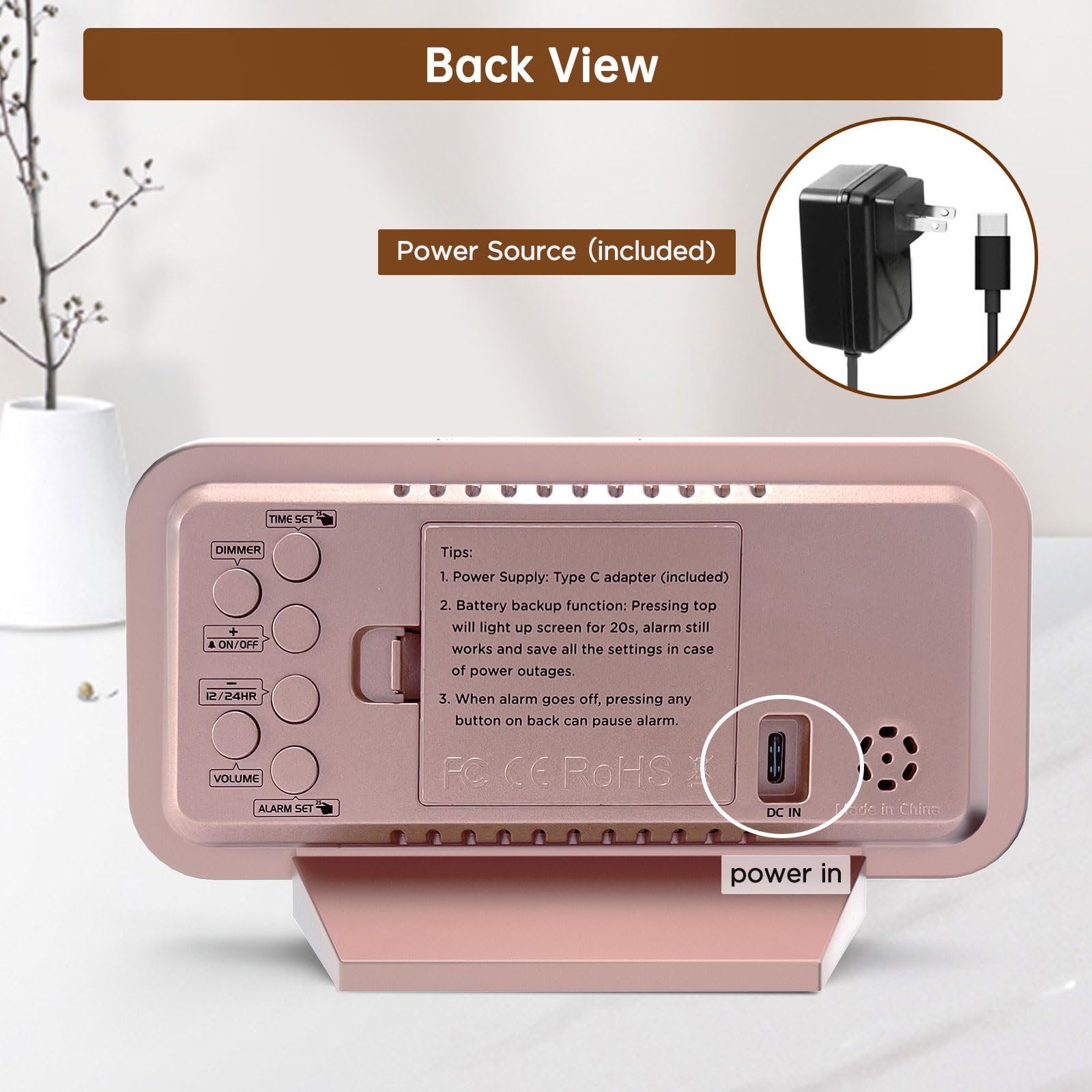 Peakeep Slim Digital Mirror Aesthetic Alarm Clock for Bedrooms Desk Decor - Plug in Electric Big LED Modern Small Clock for Office Living Room, Battery Backup, 6 Dimmers (Gold)