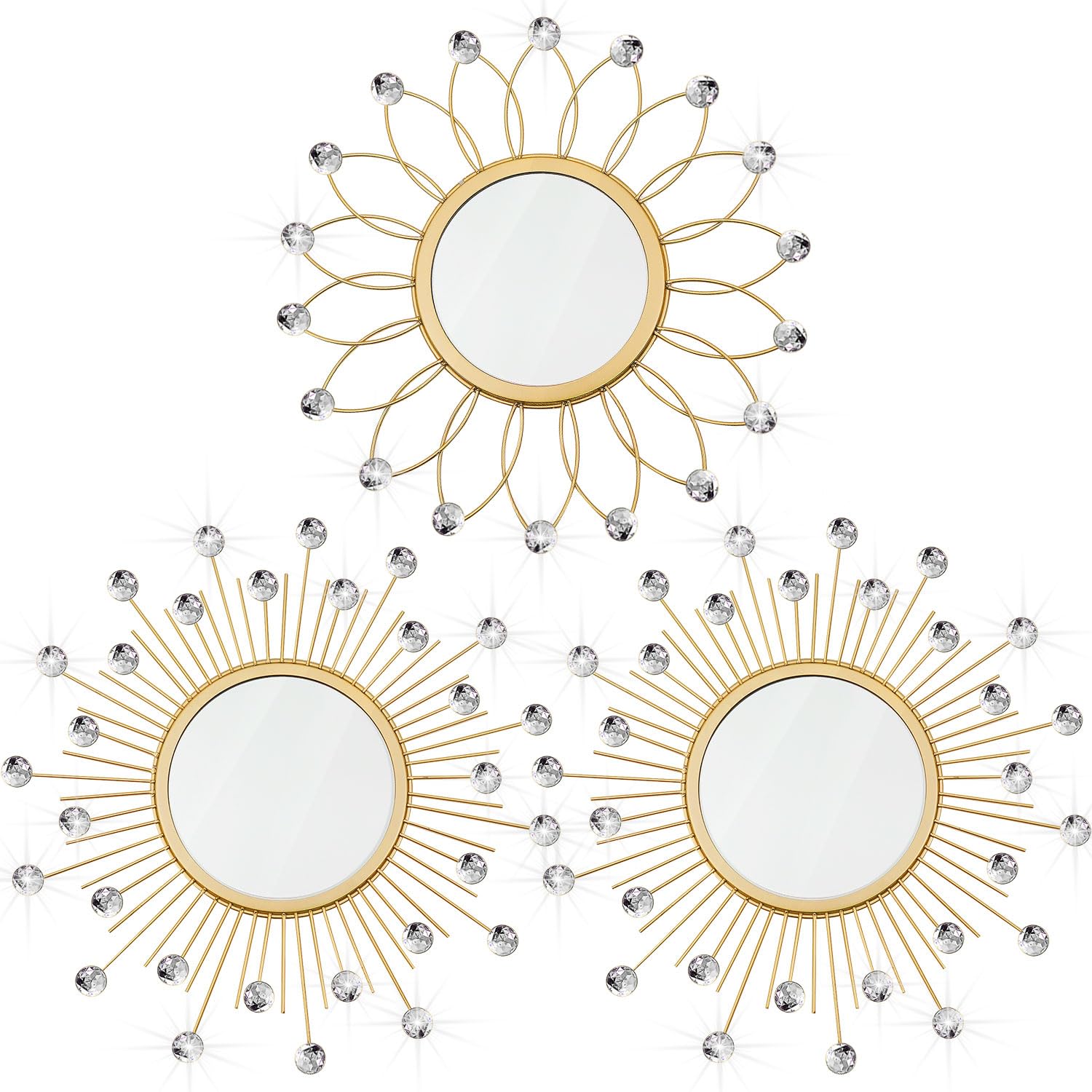 3 Pack Metal Mirrors for Wall Sunburst Wall Mirrors Home Décor Decorative Hanging Wall Art for Living Room Bedroom Entryway (Gold, Flower+Sunburst)