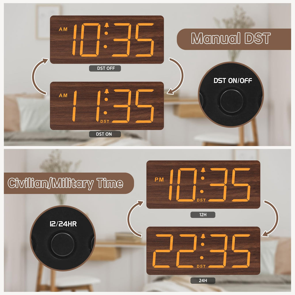 DreamSky Wooden Digital Alarm Clock for Bedroom - Desk Clock for Living Room with Large Numbers, Dimmer, Loud Alarm for Heavy Sleepers with Volume Control, DST, Office Wood Decor (Plug in Clock)