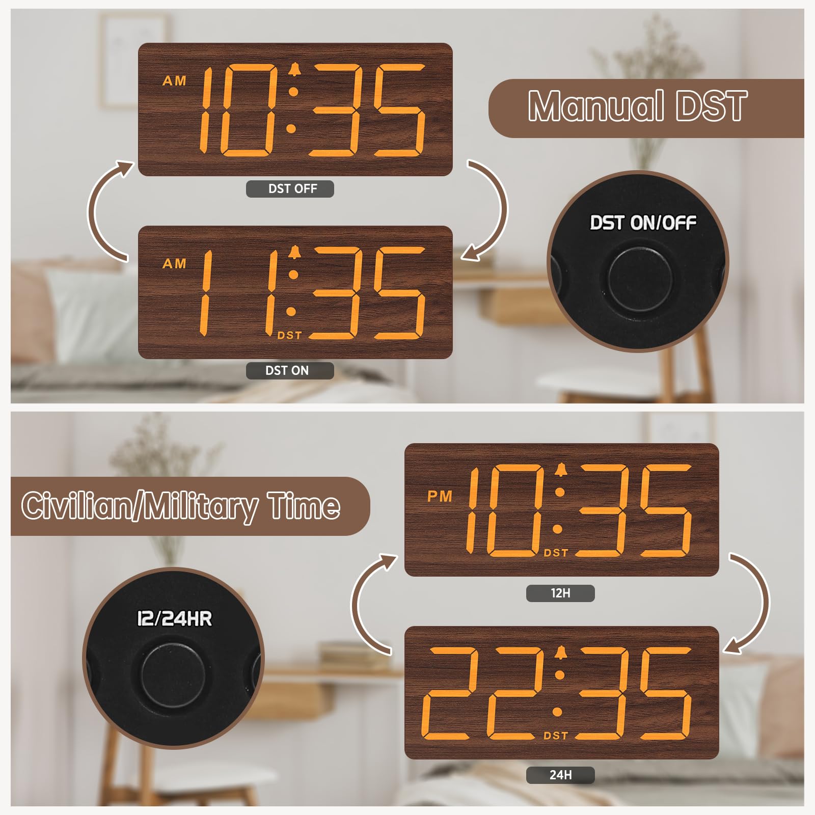 DreamSky Wooden Digital Alarm Clock for Bedroom - Desk Clock for Living Room with Large Numbers, Dimmer, Loud Alarm for Heavy Sleepers with Volume Control, DST, Office Wood Decor (Plug in Clock)