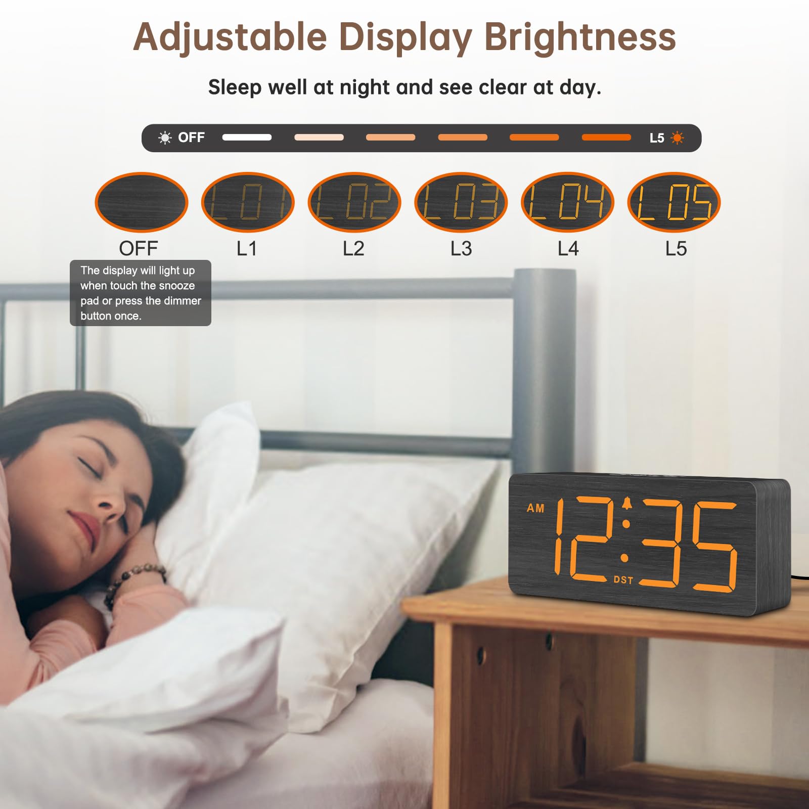 DreamSky Wooden Digital Alarm Clock for Bedroom - Desk Clock for Living Room with Large Numbers, Dimmer, Loud Alarm for Heavy Sleepers with Volume Control, DST, Office Wood Decor (Plug in Clock)