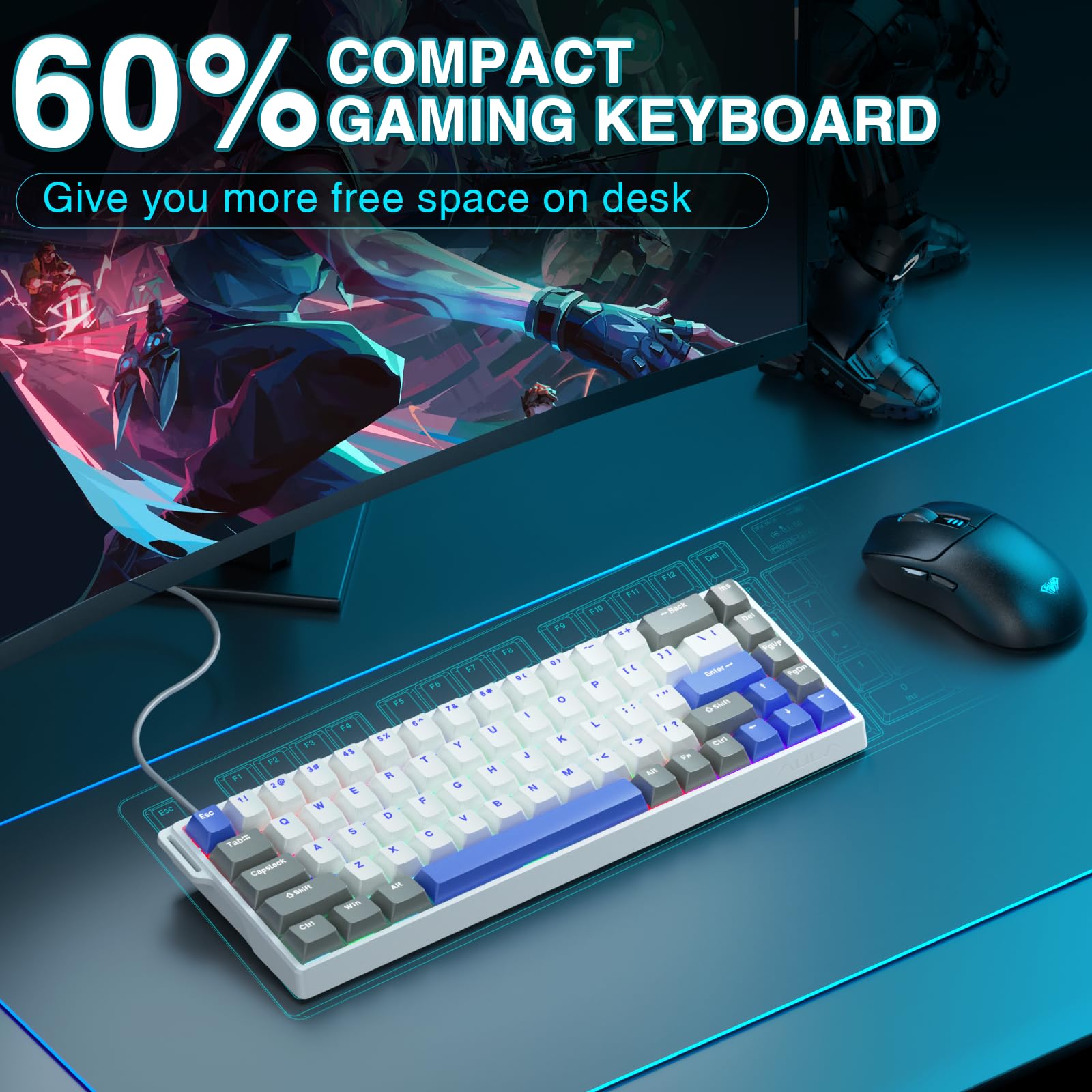 AULA WIN68 HE Mechanical Gaming Keyboard 60%, Hall Effect Magnetic Switch, Fast Trigger Mode Adjustable Actuation, 8000Hz Polling Rate, RGB Backlit, Wired Black Keyboard for Laptop/PC Gamer