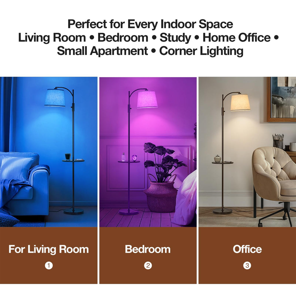AIDENOEY Fully Dimmable Floor Lamp for Living Room，Standing Lamp Rotary Switch with Table&Linen Beige Shade，Golden Tall Lamps for Bedroom with Adjust Head，9W LED Bulb Included