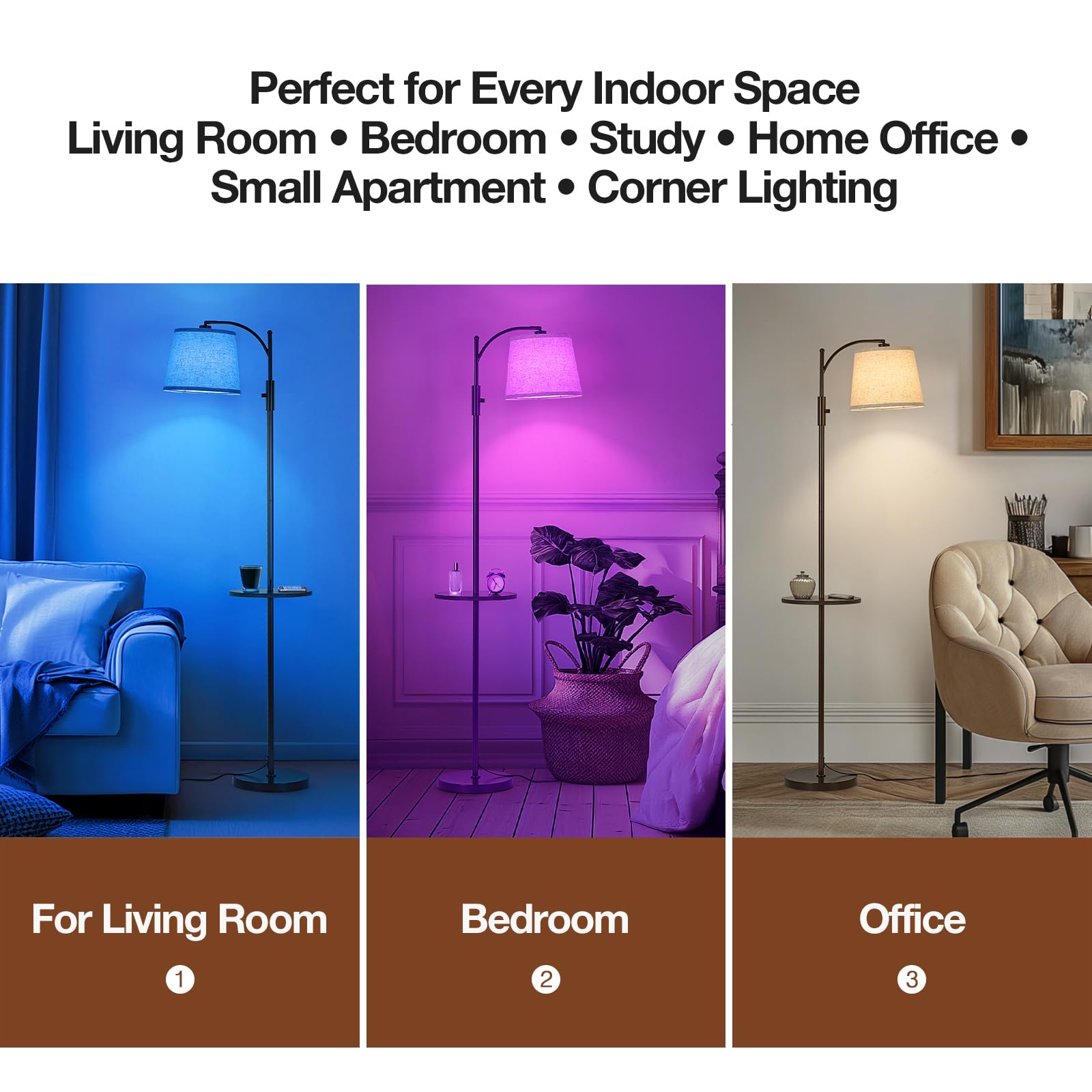 AIDENOEY Fully Dimmable Floor Lamp for Living Room，Standing Lamp Rotary Switch with Table&Linen Beige Shade，Golden Tall Lamps for Bedroom with Adjust Head，9W LED Bulb Included