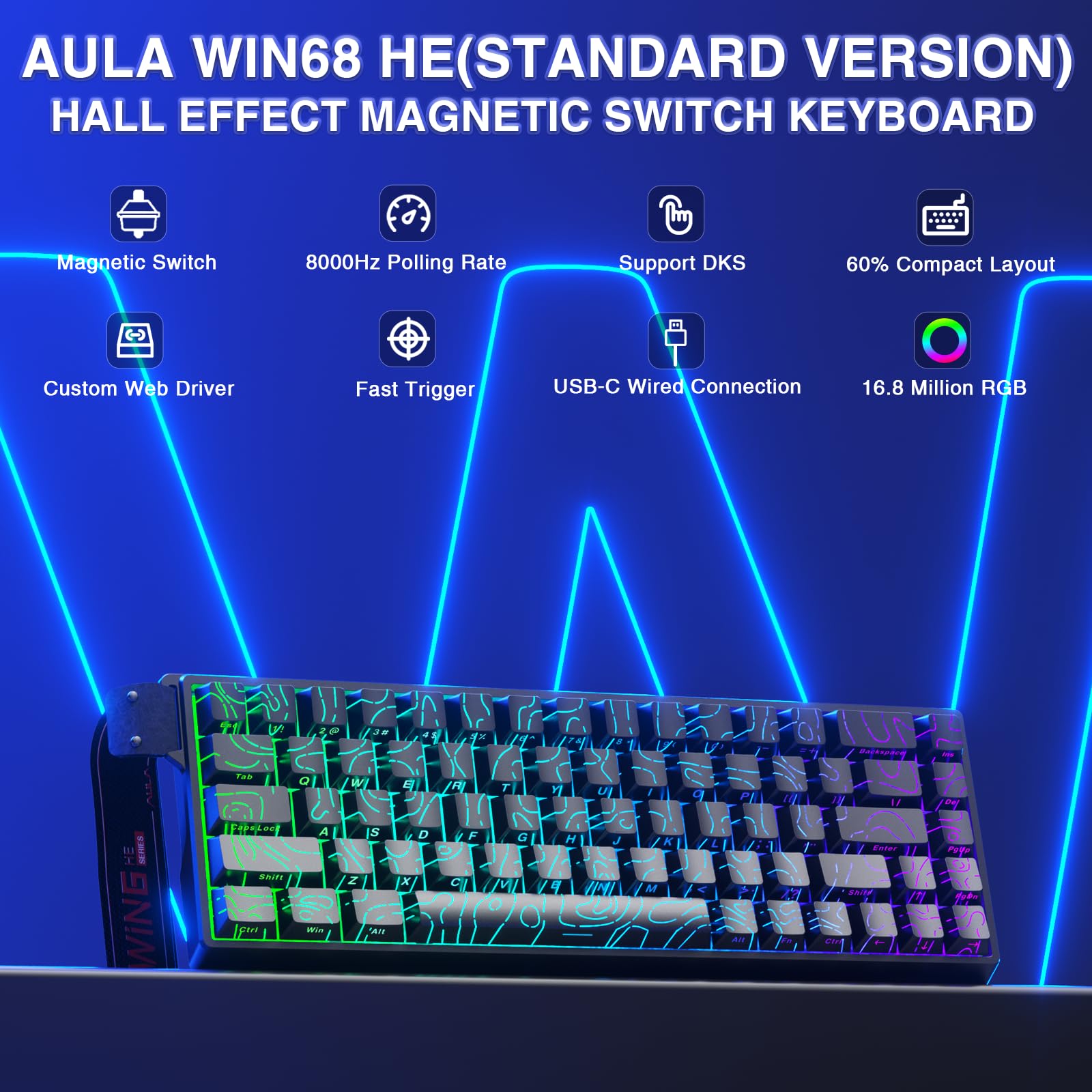 AULA WIN68 HE Mechanical Gaming Keyboard 60%, Hall Effect Magnetic Switch, Fast Trigger Mode Adjustable Actuation, 8000Hz Polling Rate, RGB Backlit, Wired Black Keyboard for Laptop/PC Gamer
